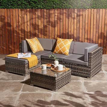 Home Treats Rattan Furniture Set 4 Seater | Garden Furniture Set | L Shape Corner Patio Furniture Set Corner Sofa Chairs & Table | Grey Cushions Outdoor Lawn Furniture Set Weatherproof