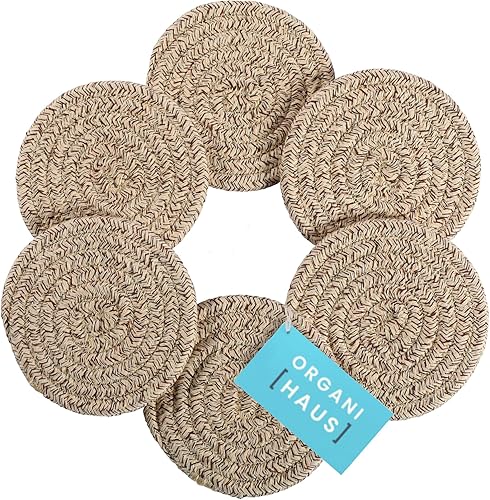 Miniatura 1 de OrganiHaus Juego de 6 posavasos de algodón absorbente, decoración rústica de estilo bohemio para mesa de café y protección de bebidas, posavasos