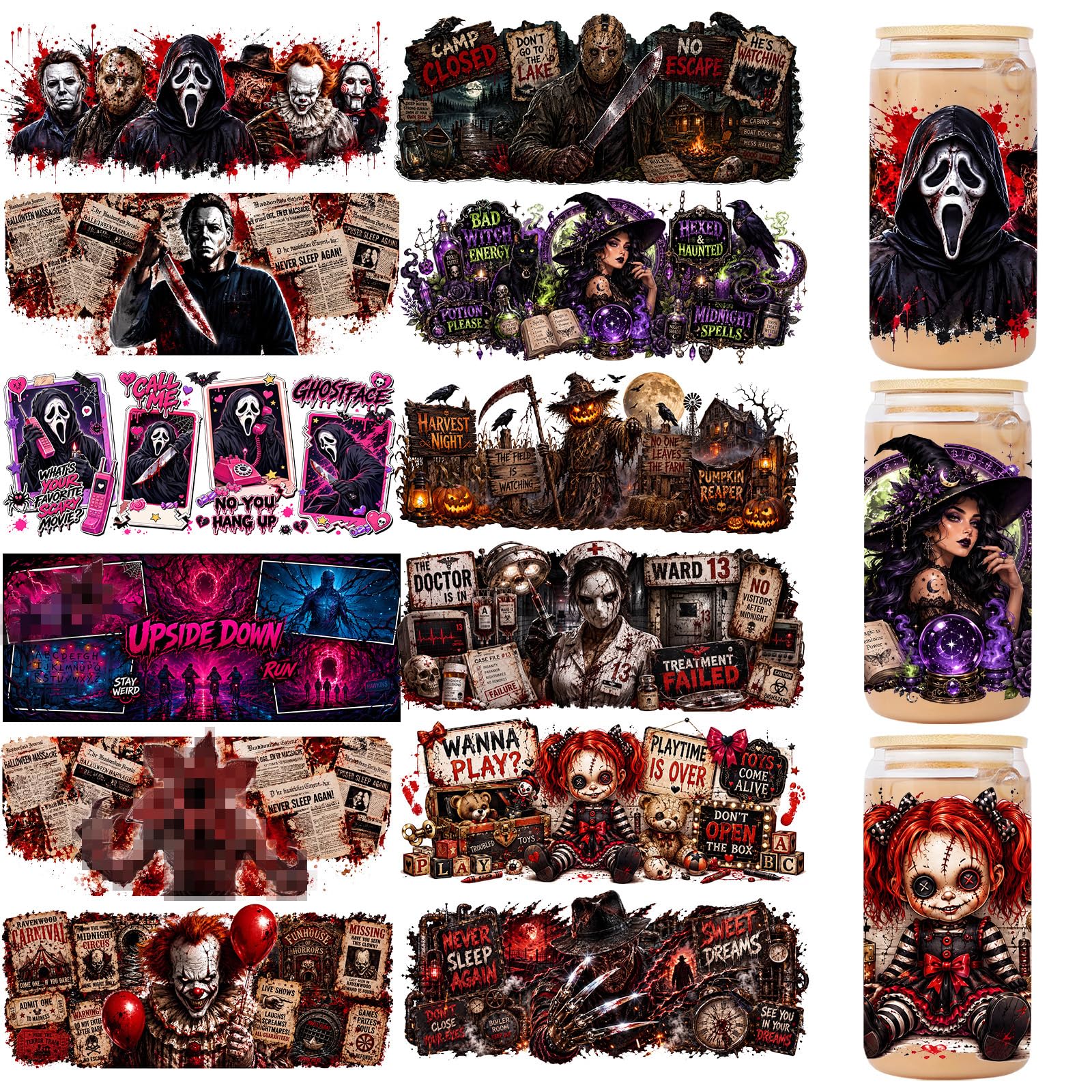 Halloween UV DTF Cup Wraps Scary Movie Characters Rub on Transfers Decals