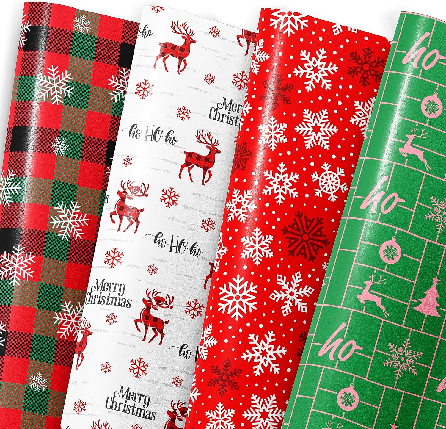 MotiGiftie Christmas Wrapping Paper for Kids Adults - Xmas Wrapping Paper with Red/Green Plaid, Reindeer, Snowflakes, “Ho Ho” Xmas Trees - 20 x 28 Inches, 8 Folded Sheets, Easy to Store