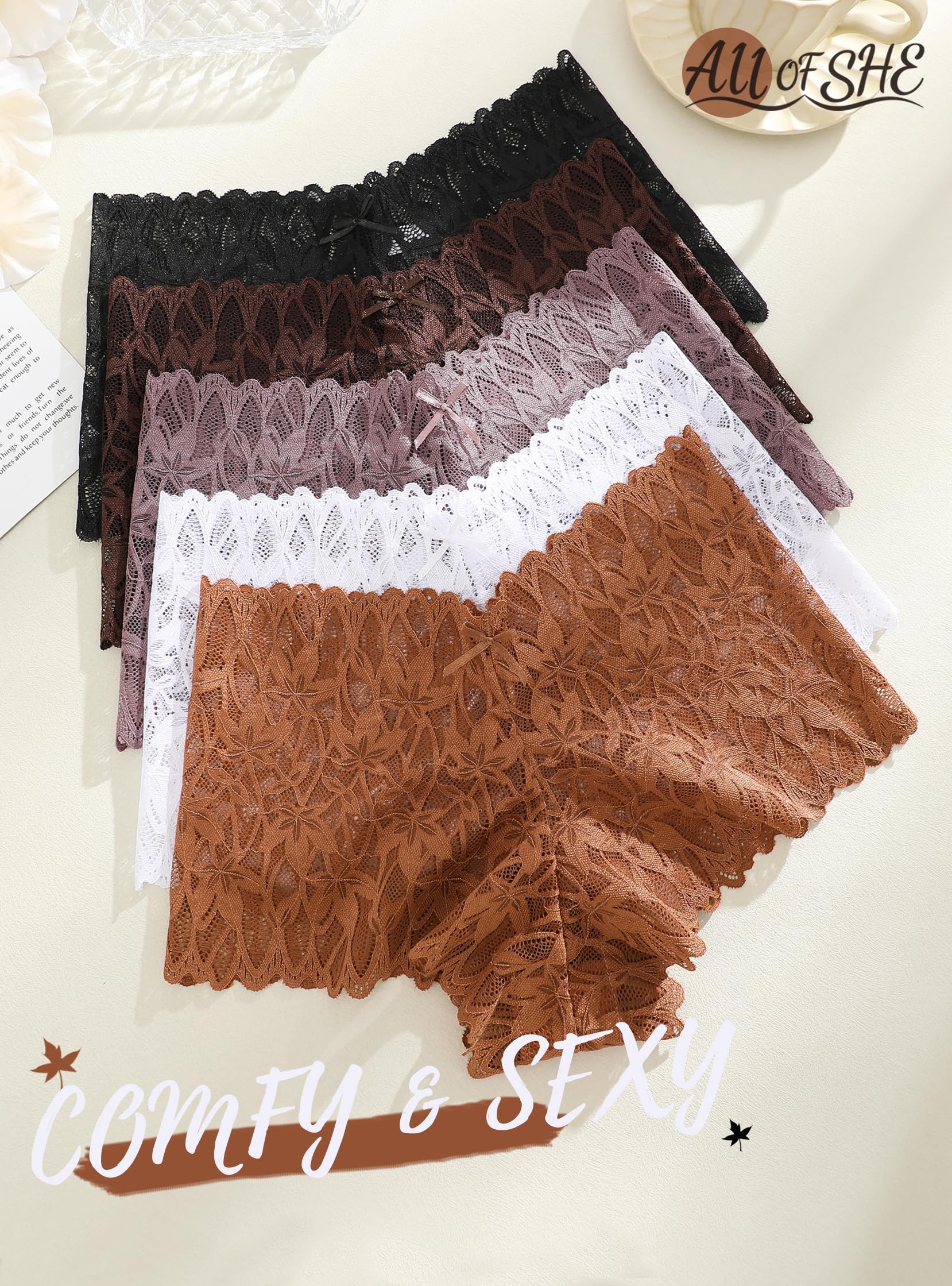 ALL OF SHE Sexy Underwear Panties for Women Cheeky V Waist Lace Boyshorts Lingerie Plus Size Underwear Gift Wife Women 5 Pack: 5 Pack-black*1 White*1 Mocca Grey*1 Brick Yellow*1khaki*1 Small
