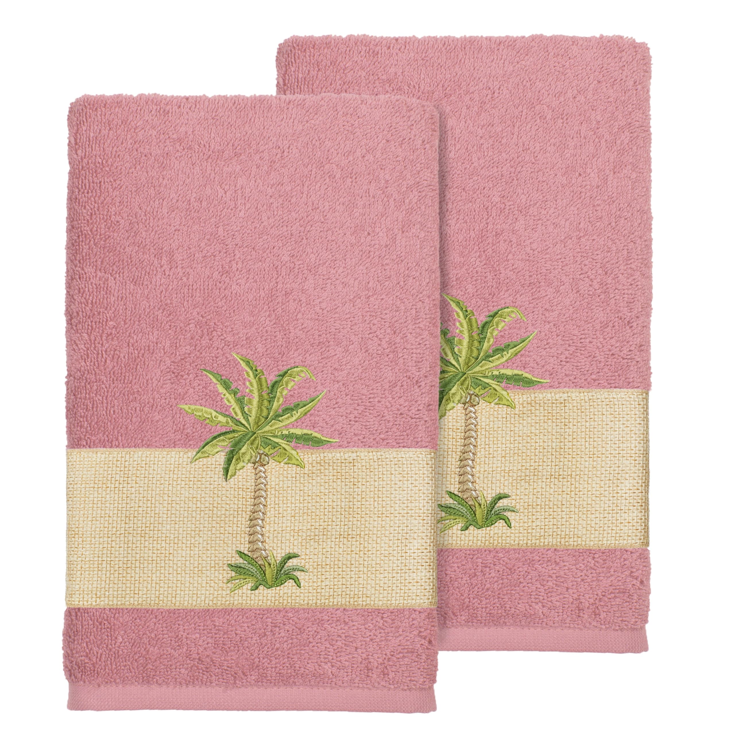 KHALPERA Utopia 2-Piece Hand Towel Set: Elegant Palm Tree Embroidery, Soft Turkish Cotton, Quick Dry, 2 Hand Towels, Tea Rose