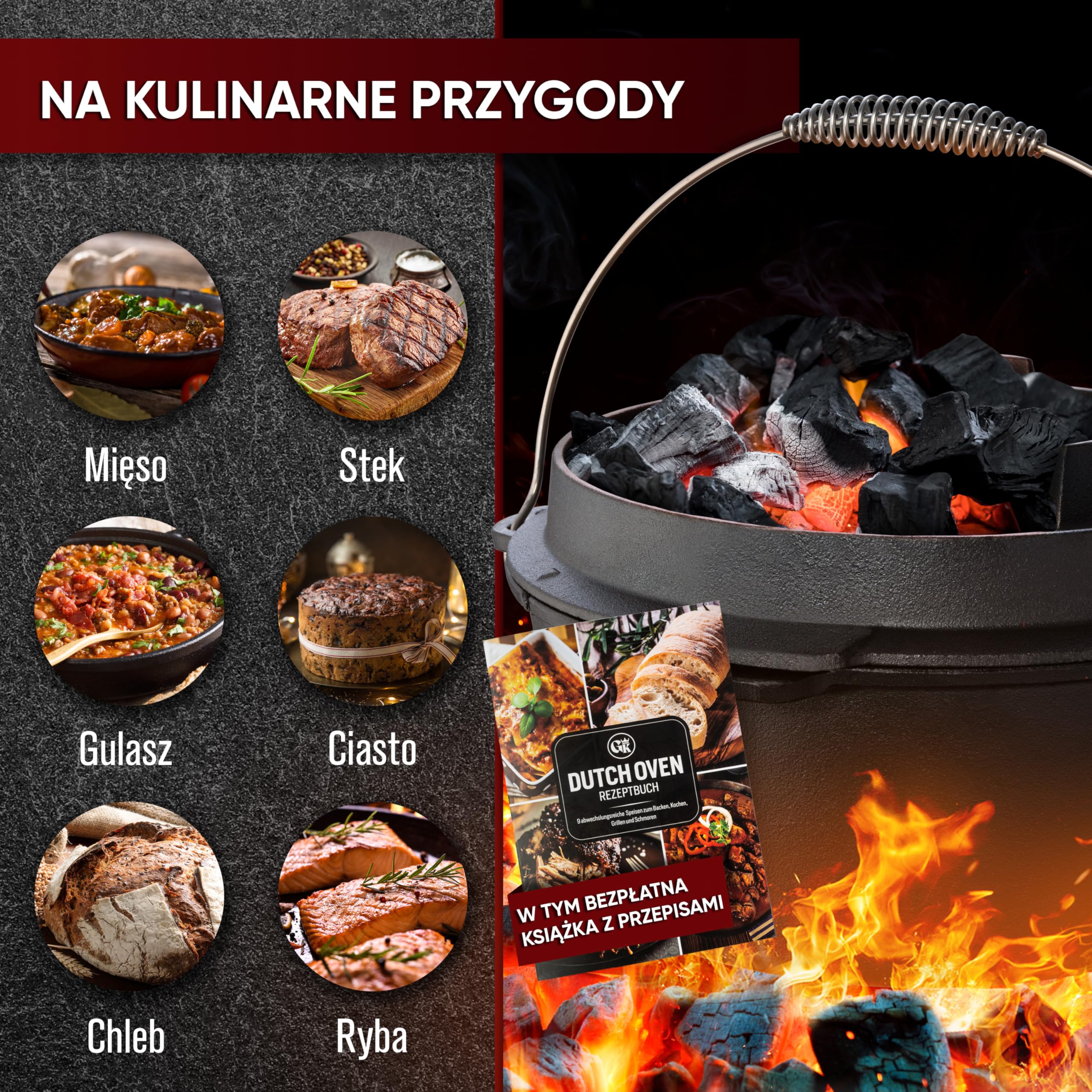 Gusskönig Dutch Oven 7 litrów żeliwny garnek z nóżkami zestaw z podnośnikiem
