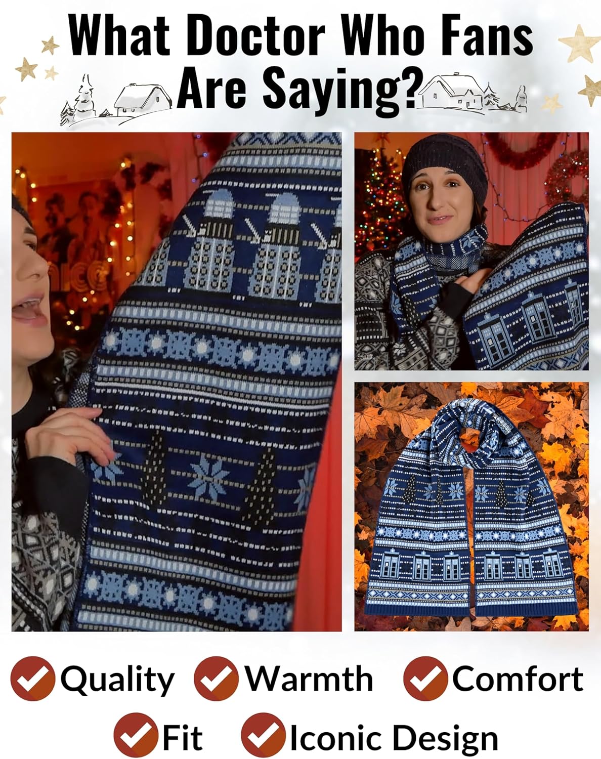 Doctor Who Christmas Scarf - Official Merchandise - TARDIS and Dalek with Chrismtas Trees - Image 3