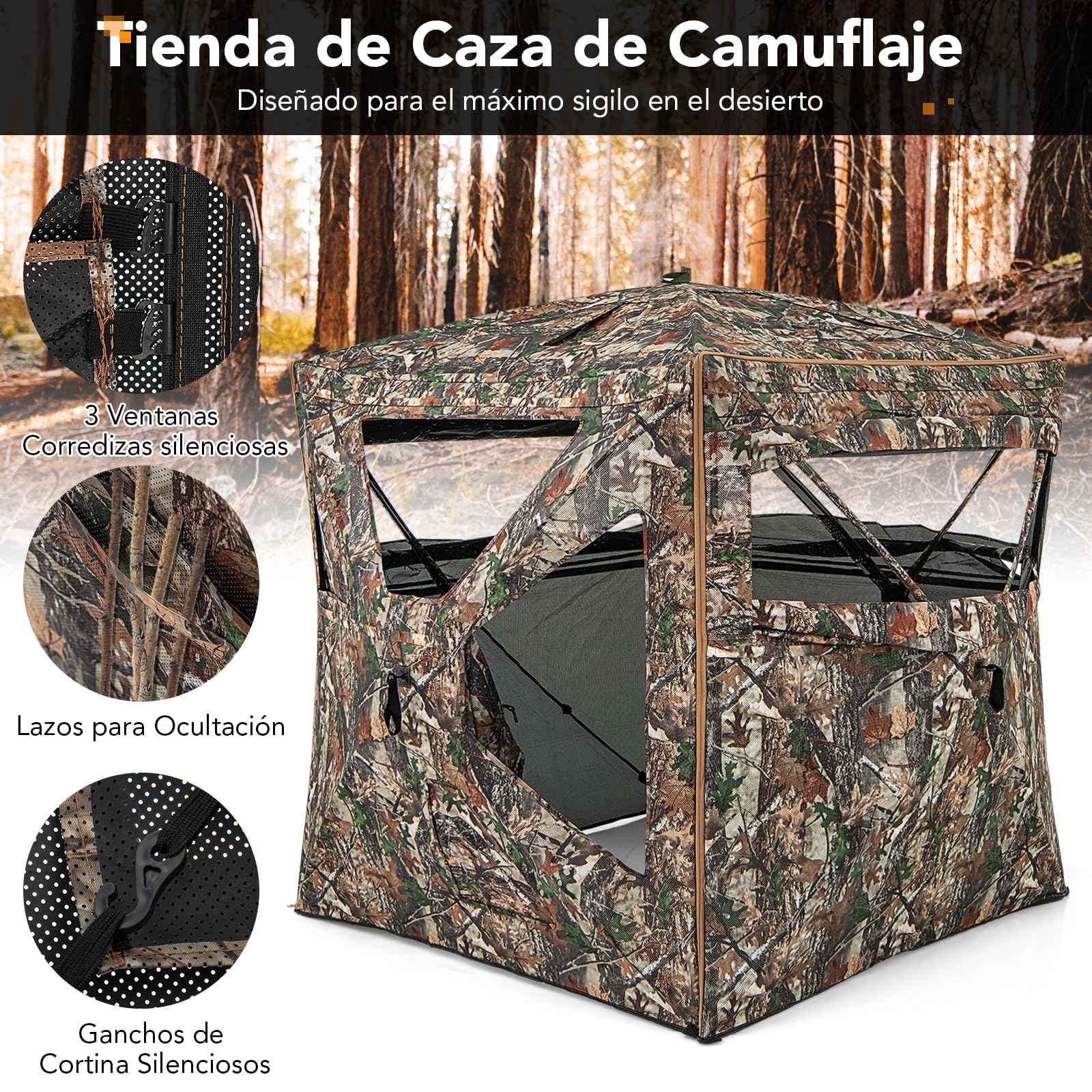 COSTWAY Persiana de Caza de 360°, Estor de Caza de 5 Lados para 2-3 Personas, Puesto de Caza Plegable, Bolsa de Transporte, Camuflaje