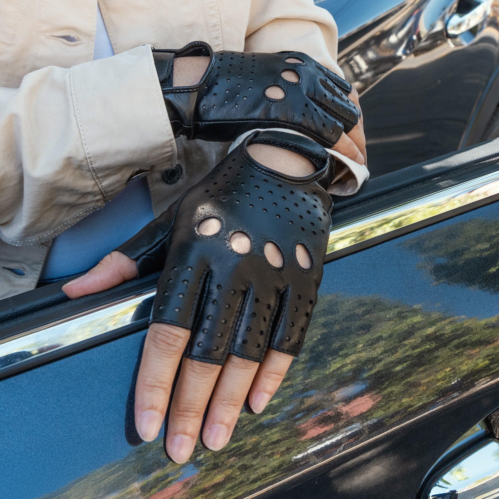 GLOVE STORY Damen-Fingerlose Fahrhandschuhe aus Lammleder Schwarz Ungefüttert | Leichtes Design & Eleganter Schnitt | Stylisches Accessoire für Bewegungsfreiheit & Feine Tastsensibilität