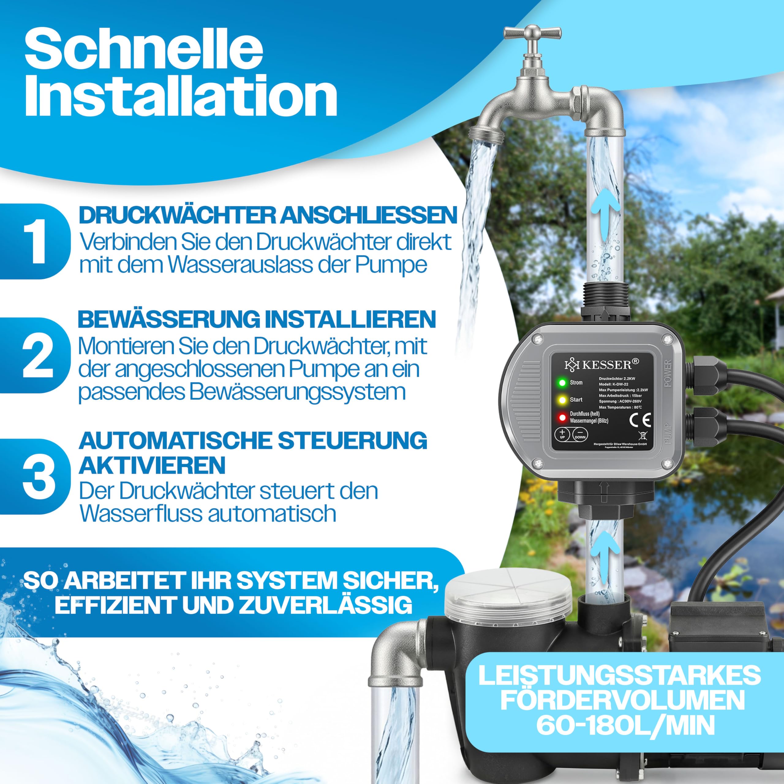 KESSER Interruptor de presión con regulador de presión, 15 bar, control de bomba, sistema de agua doméstica, riego de jardín, con cable, presión de agua constante, para jardín y casa, encendido y
