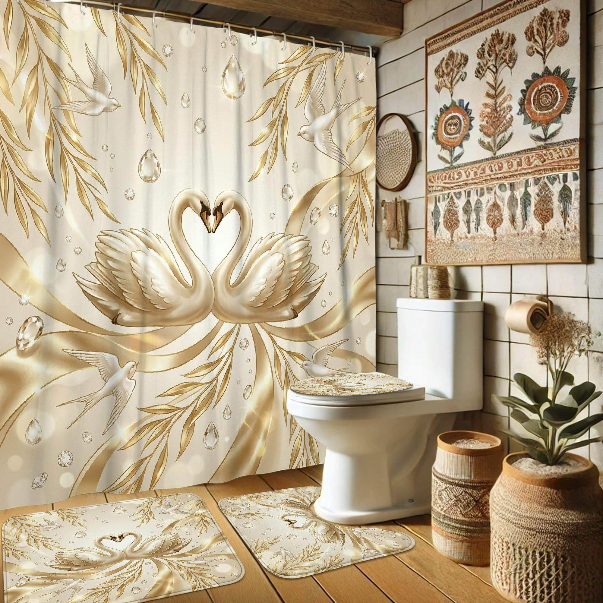 Rideau de douche cygnes haut de gamme et son décor raffiné de feuilles de pluie