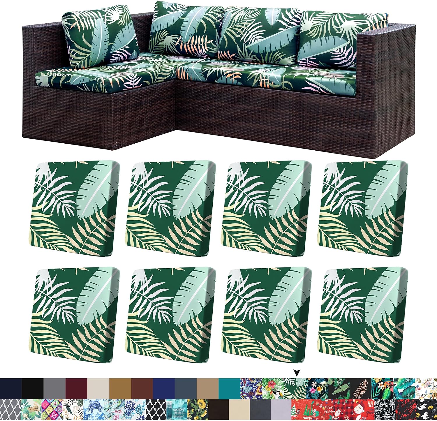 8Pcs Stretch Patio Cushion Covers,Outdoor Couch Covers Replacement,Outdoor Couch & Sofa Slipcovers,for Patio Furniture Cushion Covers,Washable Reusable Furniture Protector (Green Forest, Cover Only)
