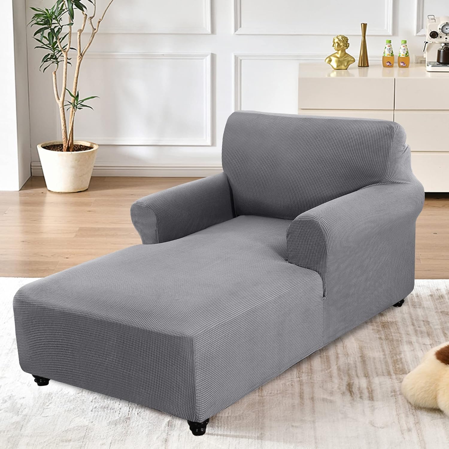 ele ELEOPTION Chaise Lounge Cover Stretch Sofa Chaise Cover with Arms Slipcover for Dog Pet Bedroom Furniture Couch Covers Washable Light Gray