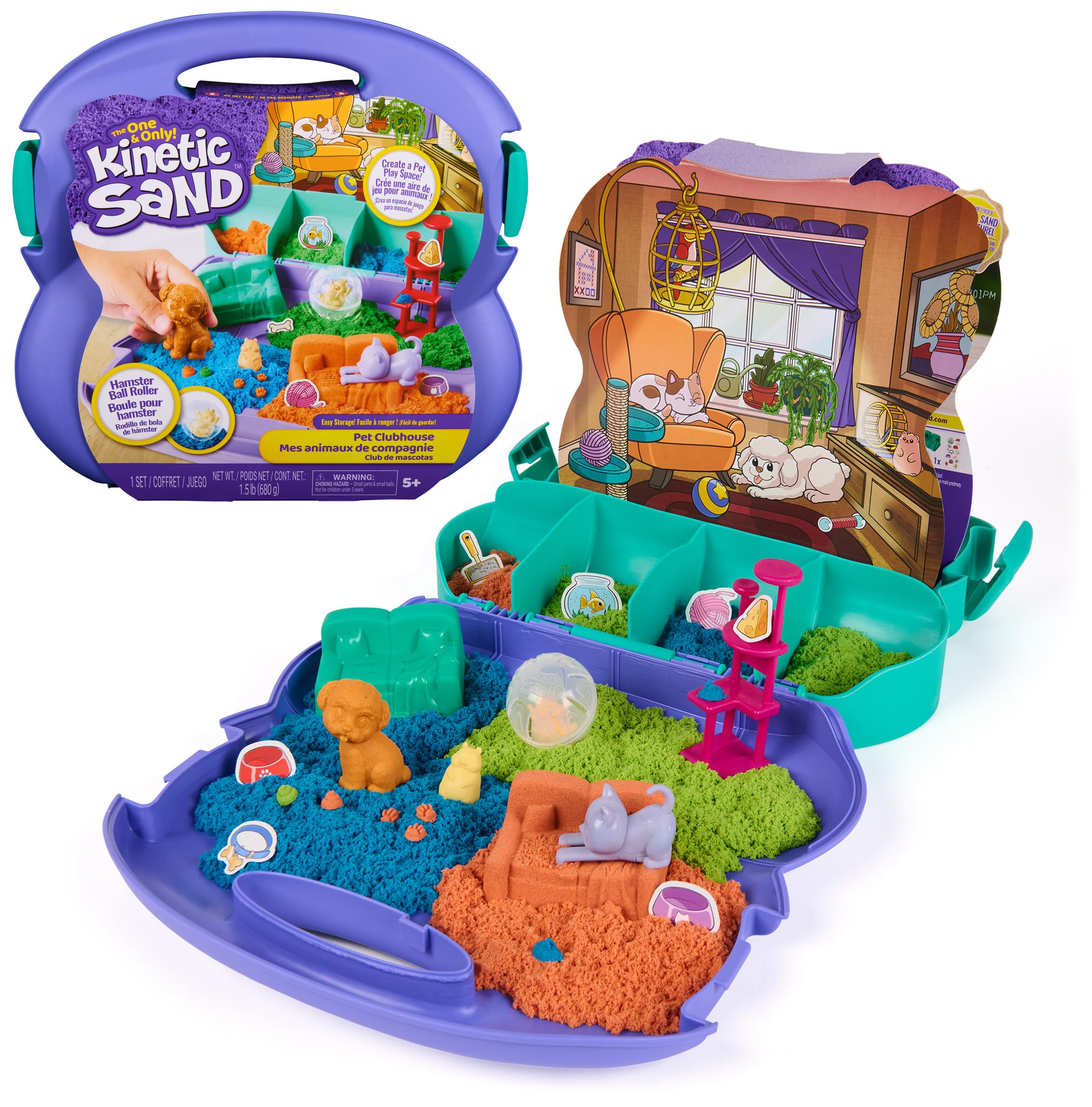 Kinetic Sand, Pet Clubhouse with 680 g of Mouldable Play Sand, 4 Animal Moulds, Hamster Ball and Storage Case, Arts and Crafts Sensory Toys for Kids Aged 3 and up