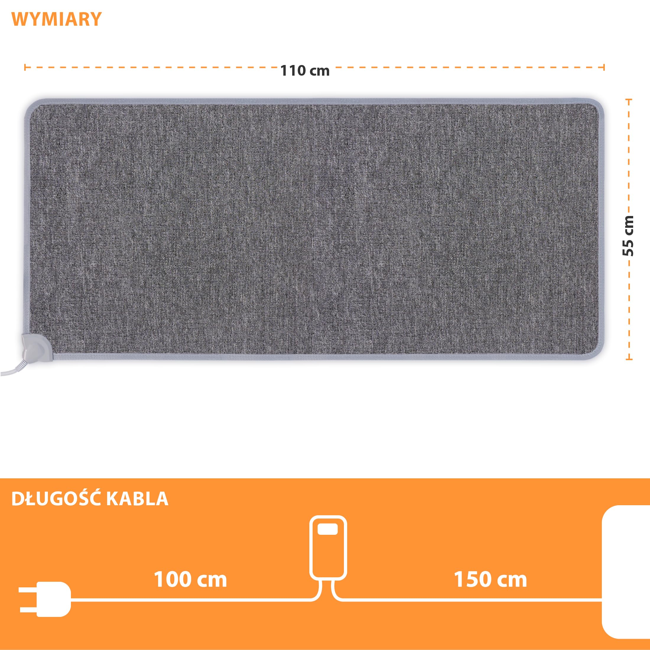 Mata grzewcza na podczerwień Mi-Heat Warm Feet 50x55cm / 55x80cm / 55x110cm szara/antracytowa - ok. 40°C - z regulatorem, funkcją timera, podłogowa, 230V, pętelkowa powierzchnia dywanowa (55x110cm)