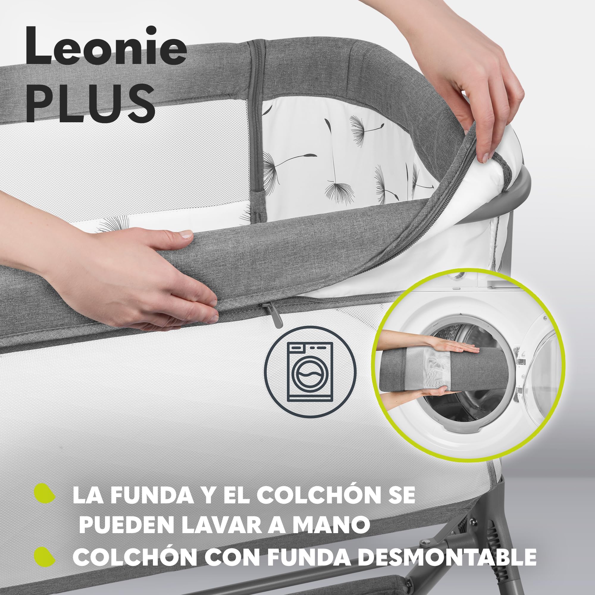lionelo Leonie Plus 3 en 1 Cama de bebé Independiente hasta 9 kg, Cama supletoria y Cuna, Ajuste de Altura, Panel Lateral con ventilación, Panel Lateral Desmontable, Ruedas con Freno, Cesta Grande