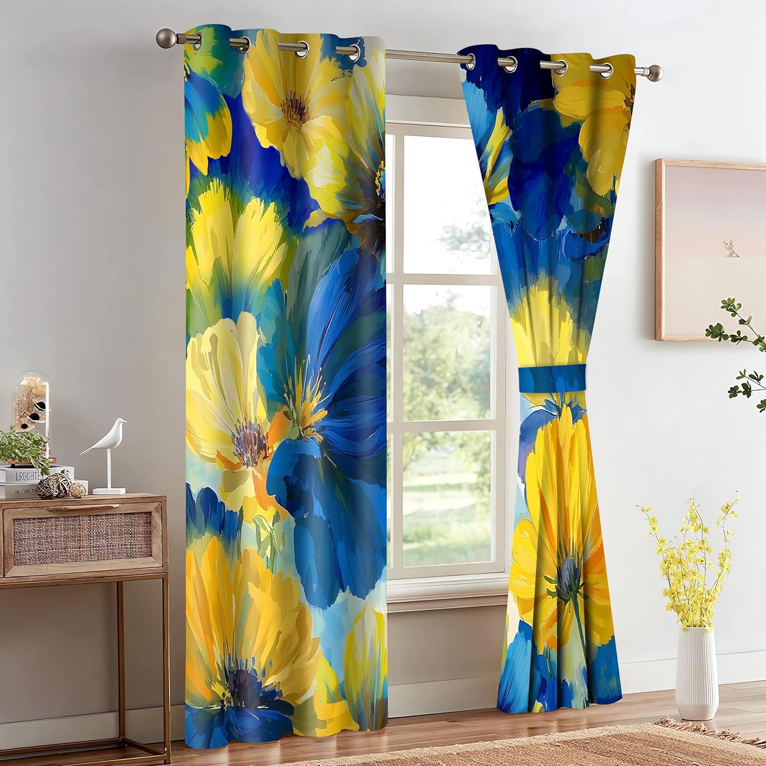 Yellow Blue Flower Curtains Watercolor Floral Painting Blackout Curtain 52x84inch Modern Art Gradient Color Insulation Drapes for Bedroom Living Room 2Panels HI017YL