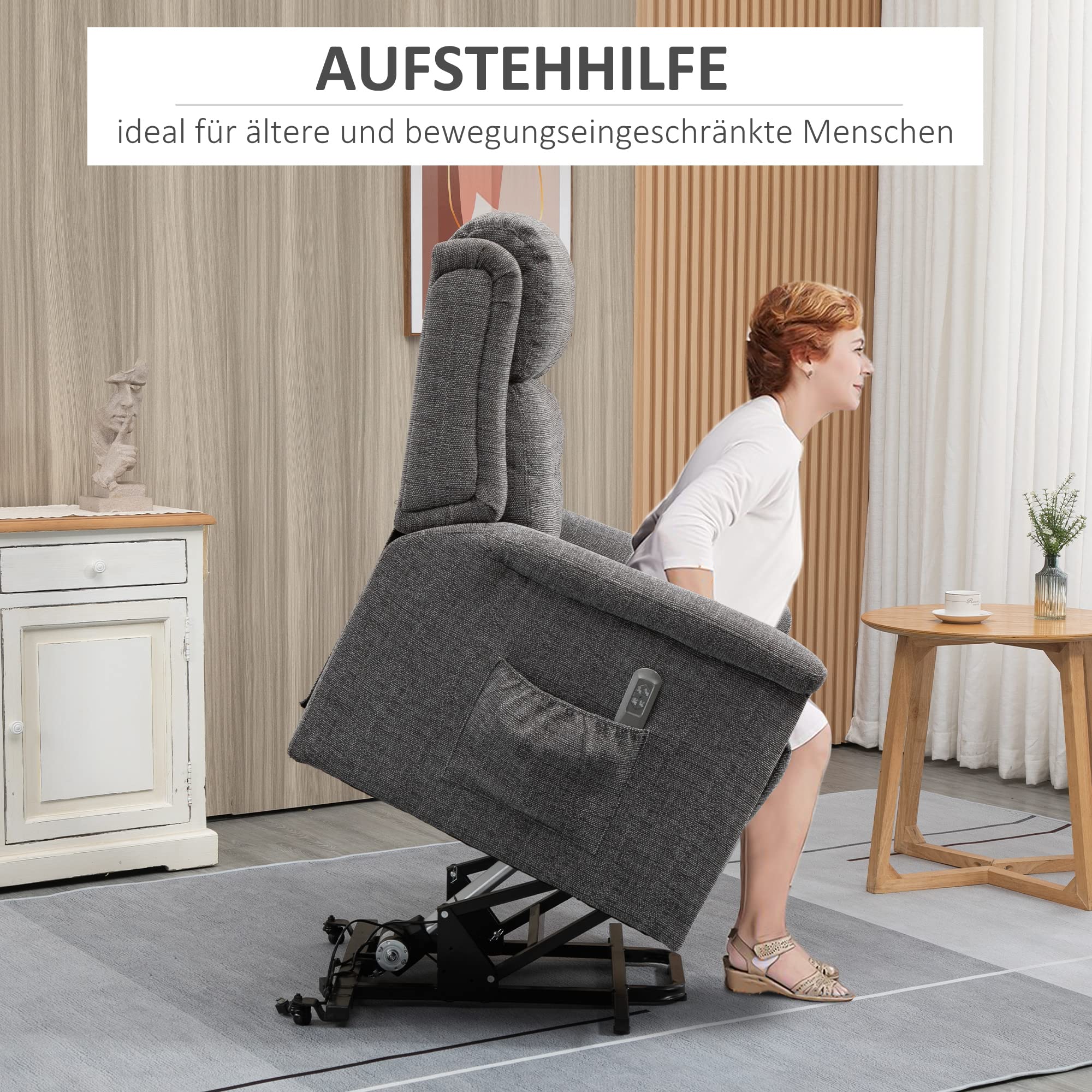 HOMCOM Fernsehsessel mit Aufstehhilfe Elektrisch Relaxsessel mit Liegefunktion, Fernbedienung 2 Motoren, TV-Sessel mit Seitentasche Leinen-Optik Seniorensessel Grau