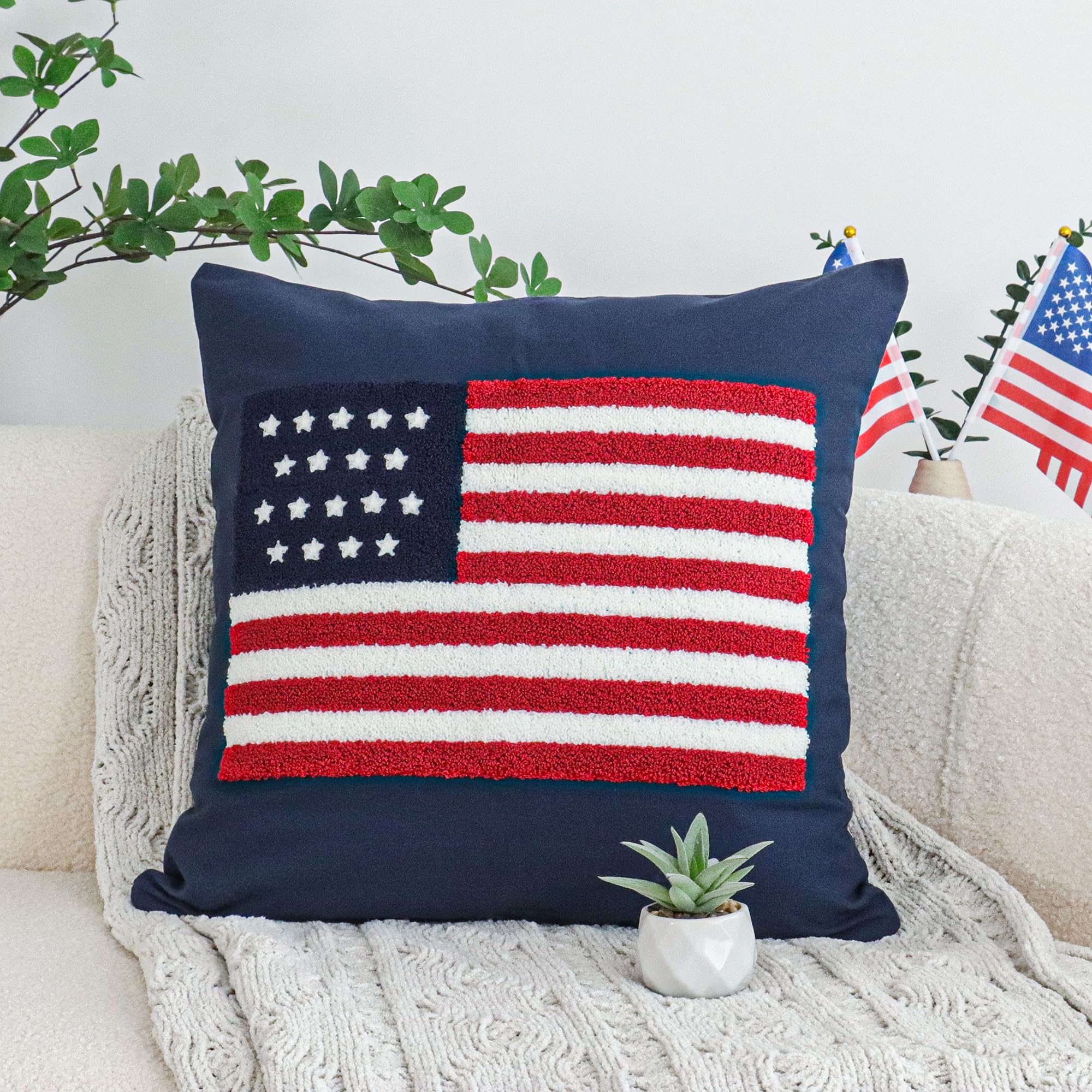 Jonhier 4th of July Tufted American Flag Pattern Pillow Cover