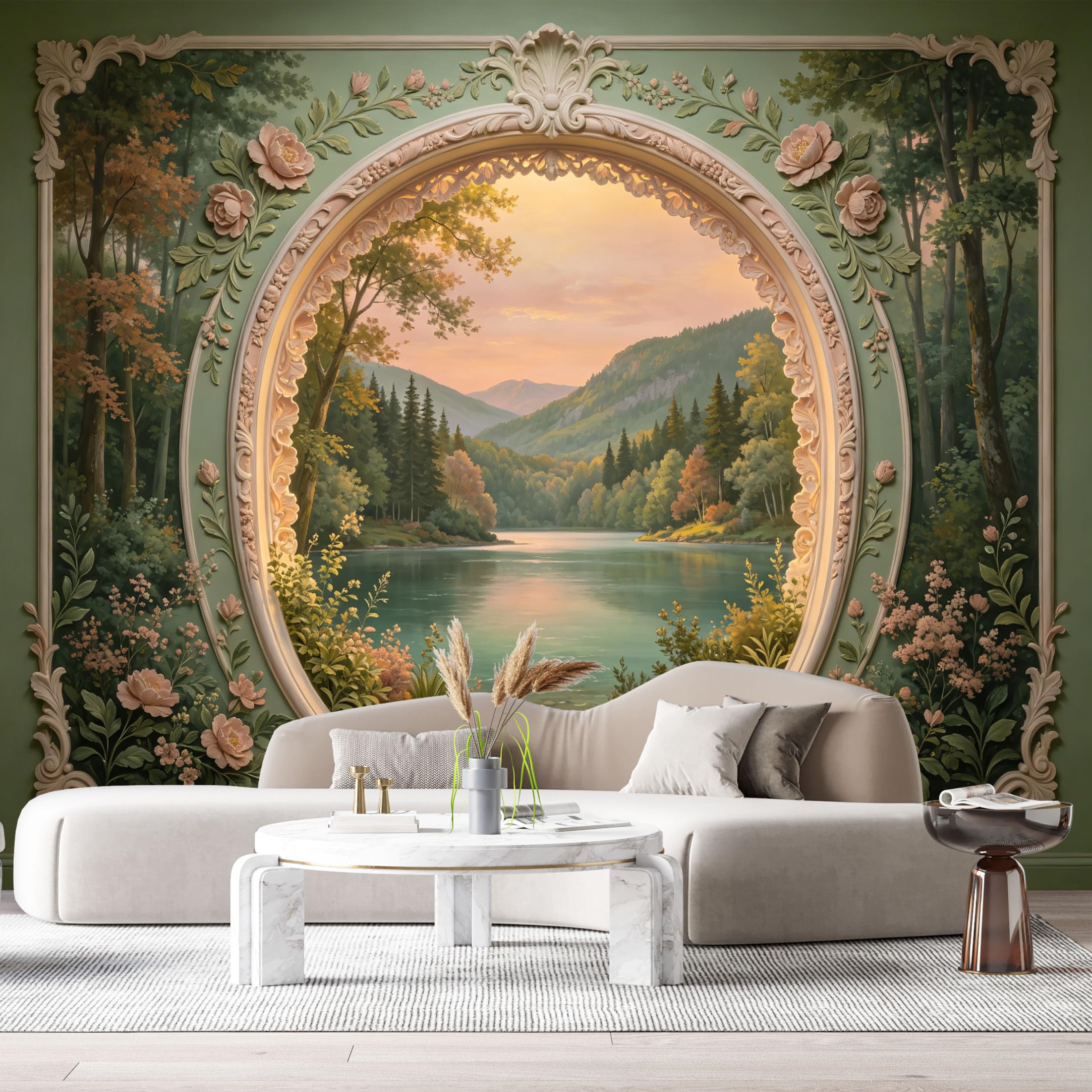 Custom Size Wall Murals Mountain Lake Landscape Sunset Forest Oil Painting 3D Trompe L'Oeil SelfAdhesiveWall Fabric Removable Wallpaper Wall Decor for Living Room Bedroom Bathroom