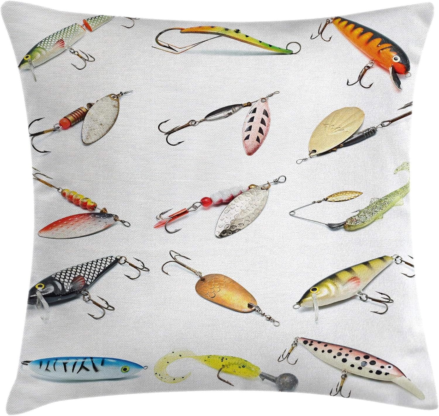 Ambesonne Fishing Throw Pillow Cushion Cover, Hook Set Tool Equipment Hand Gathering Sports Hobby Nautical Theme Artwork, Decorative Square Accent Pillow Case, 24" X 24", Orange 24" x 24" Orange