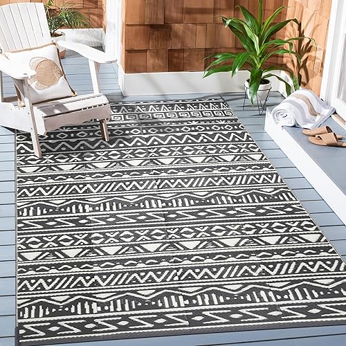 Miniatura 5 de Alfombra de paja de plástico para exteriores, estilo bohemio, impermeable, para patio, 5 x 8 pies, alfombra para exteriores, alfombra geométrica