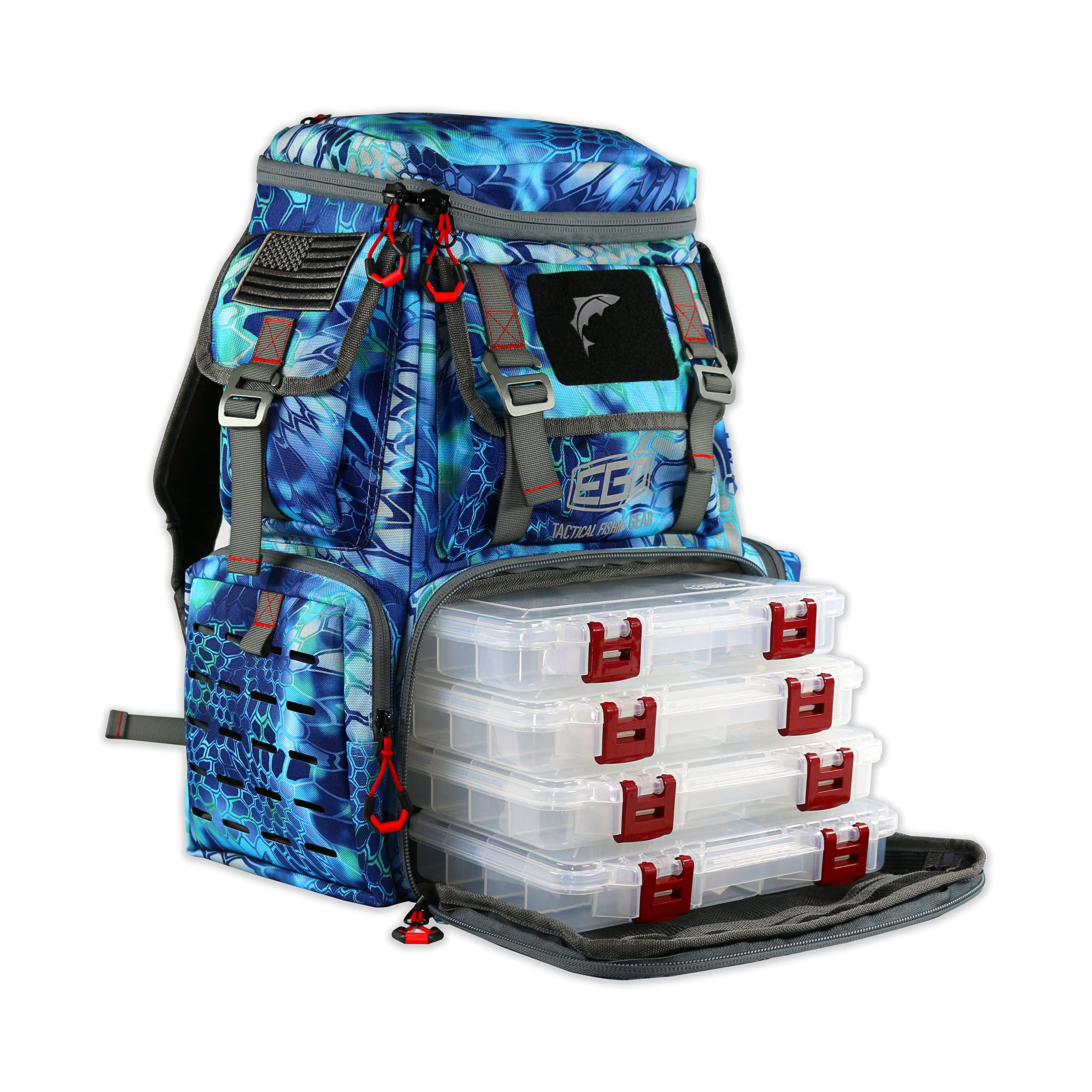 Ego Kryptek Tackle Box, Fishing Pack with 4 Accessory Trays, Water Resistant PVC, Multiple Storage Pockets, Tool Bag, G-Hook Closure System, Tackle Storage Bags