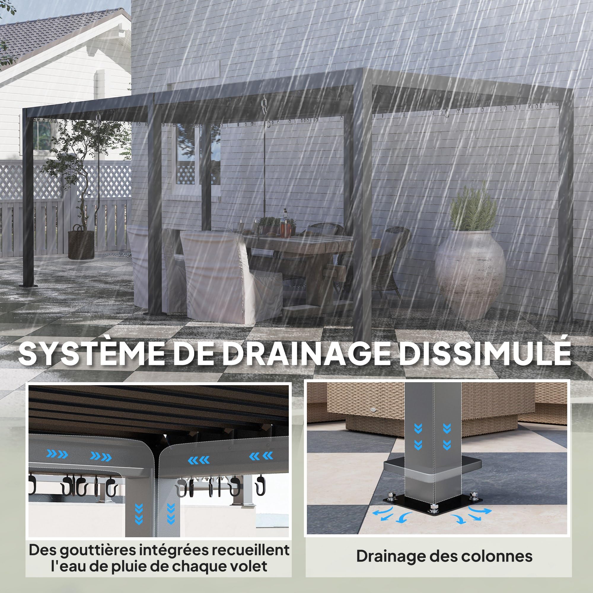 Outsunny Pergola bioclimatique 3 x 6 m, pergola Jardin extérieur avec persiennes manivelle Toit réglable en Aluminium et Crochets, tonnelle de Jardin, terrasse, Patio, Gris foncé