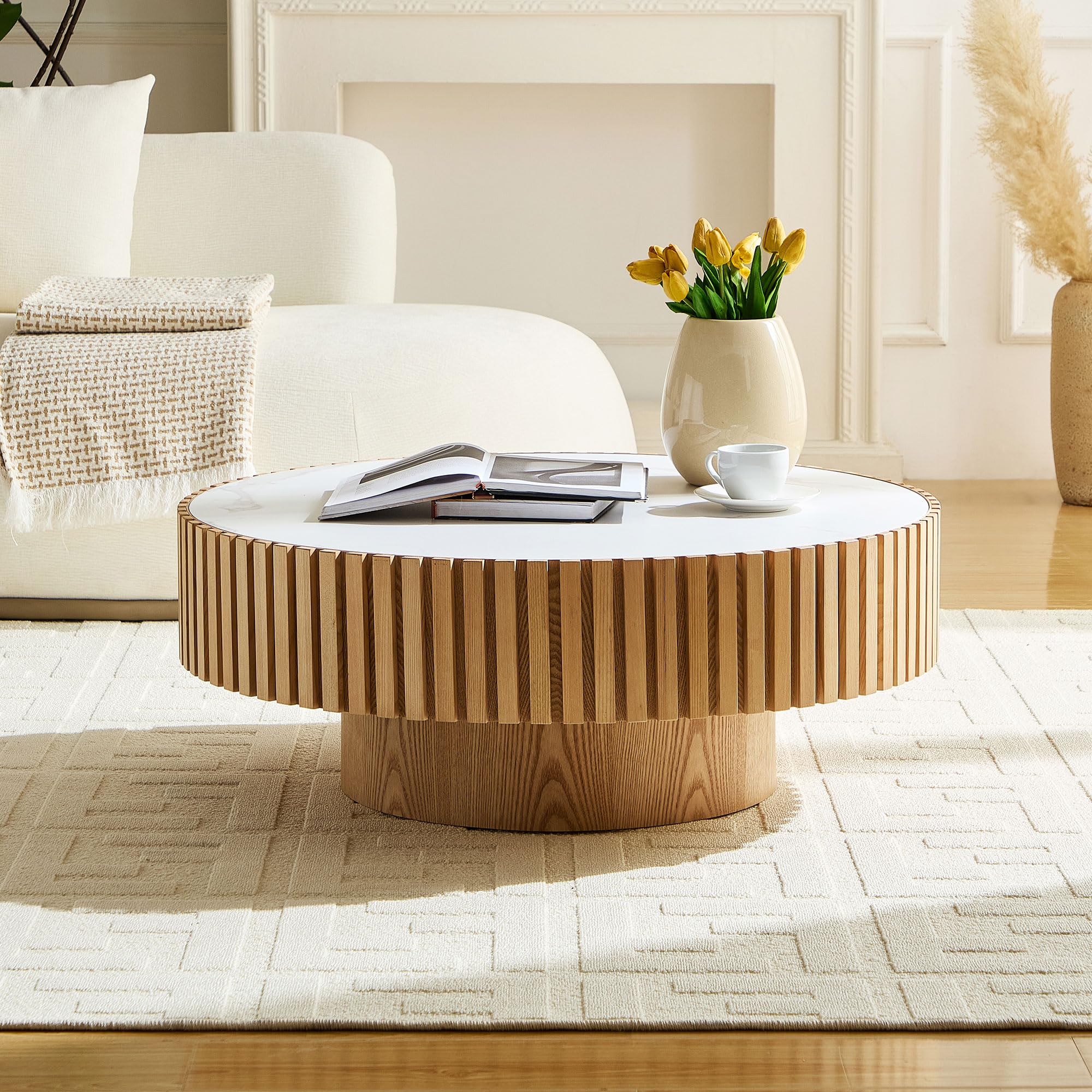 Amazon.com: SOFTSEA 35.43” Round Coffee Table, Wood Fluted Center