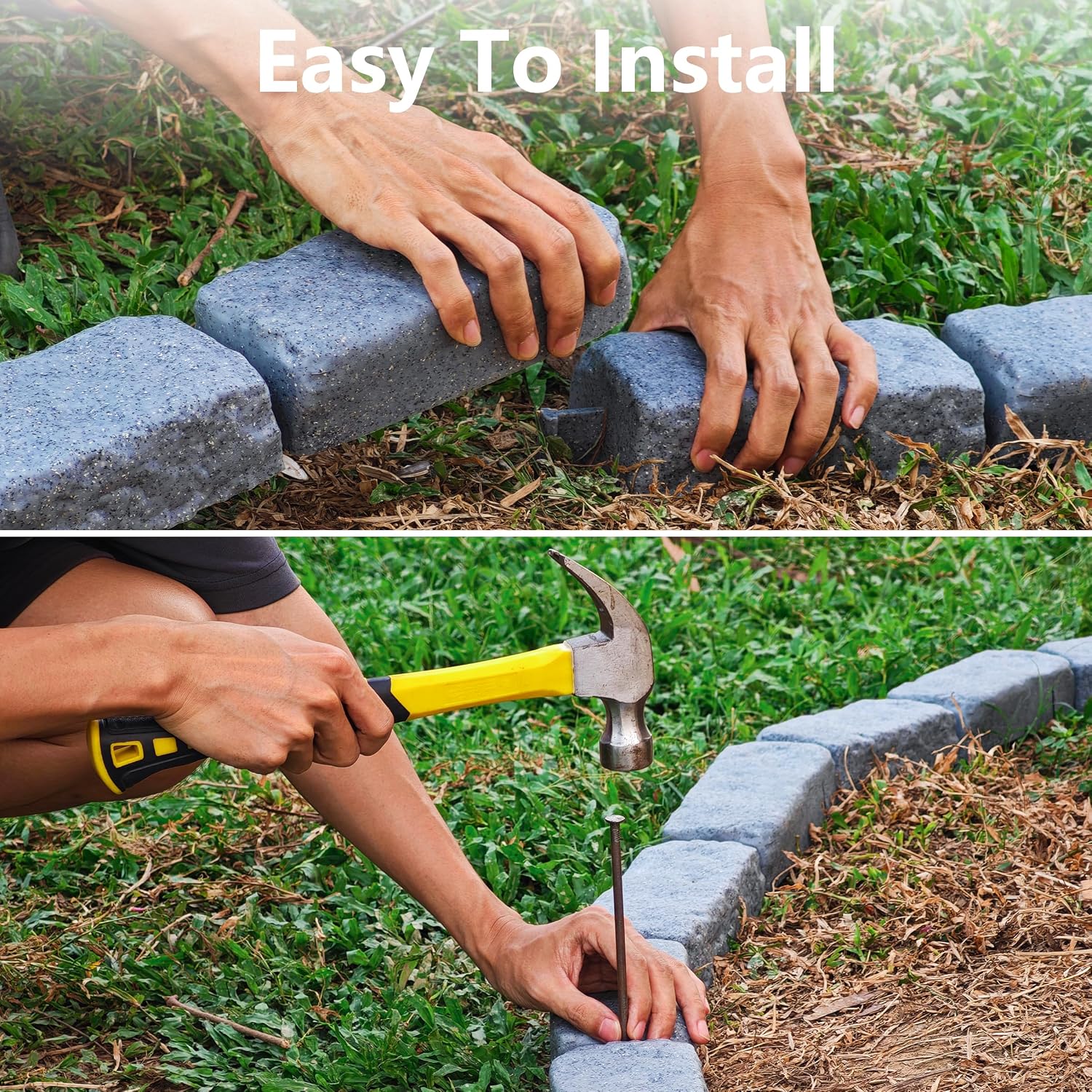 Landscape Edging Stone, Landscape Edging Blocks, Faux Stone Brick for Lawn Edging, Flower Beds, Driveway, Yards 12 Pack 24 Bricks 15.5FT Kit, Each 16.3" L x 3.5" W x 2" H
