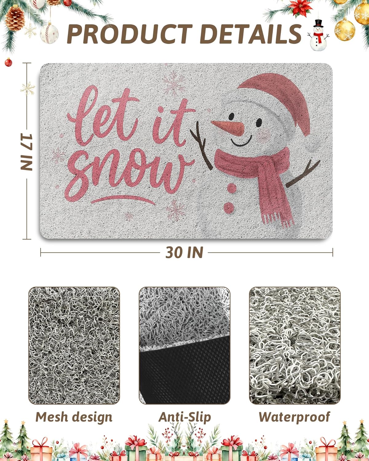 Let It Snow Pink Winter Santa Door Mat, Christmas Snowman Snowflake Doormat for Porch Entryway Entrance Front Door, Xmas Winter Welcome Mat Outside, 17x30 Inch