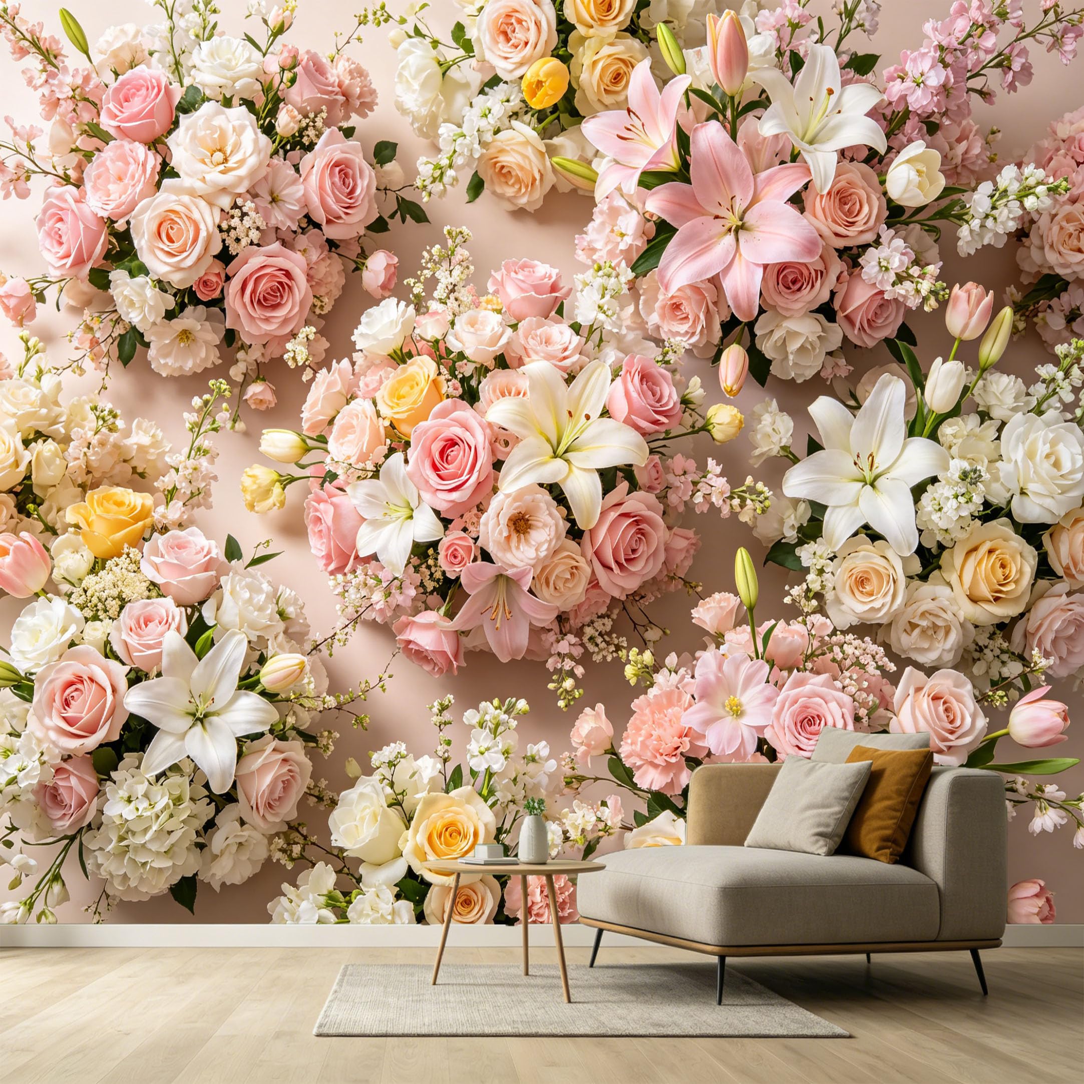 Custom Size Wall Murals Botanical Pink Roses White Lilies Watercolor Floral Art SelfAdhesive Wall Fabric Removable Large Wallpaper for Photo Living Room