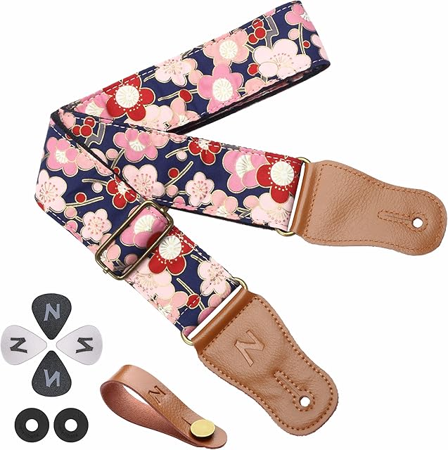 Nefelibata Guitar Strap,Japan Hot-Bronzing Cotton Acoustic Guitars Straps with Genuine Leather Ends for Electric Guitar,Bass & Ukulele. Include Straps Button,Guitar Picks and Strap Locks