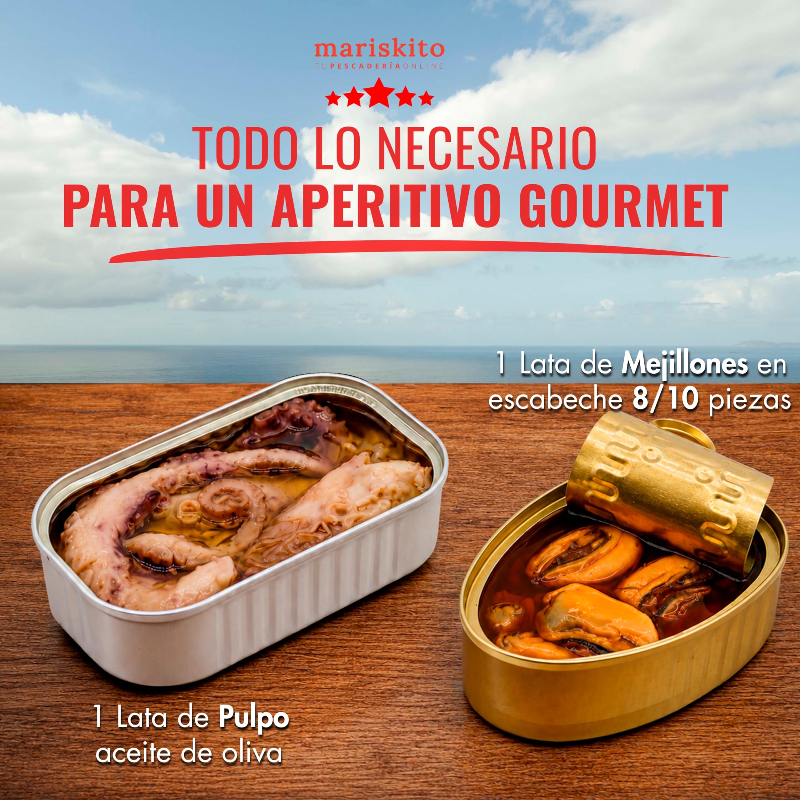 MARISKITO | Pack Conservas Gourmet Gallegas “La Mar de Sensaciones” – Caja Regalo - 6 Conservas Premium – Mejillones, Pulpo, Navajas, Zamburiñas, Ventresca y Sardinillas – Estuche Delicatessen
