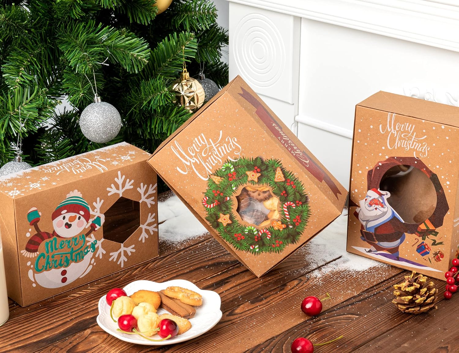 KD KIDPAR 24PCS Christmas Cookie Boxes Large for Gift Giving Packaging Holiday Valentines Day Food, Bakery Treat Boxes with Window, Candy and Cookie Boxes with 60PCS Self Adhesive Gift Tags,8.8x6x2.8”