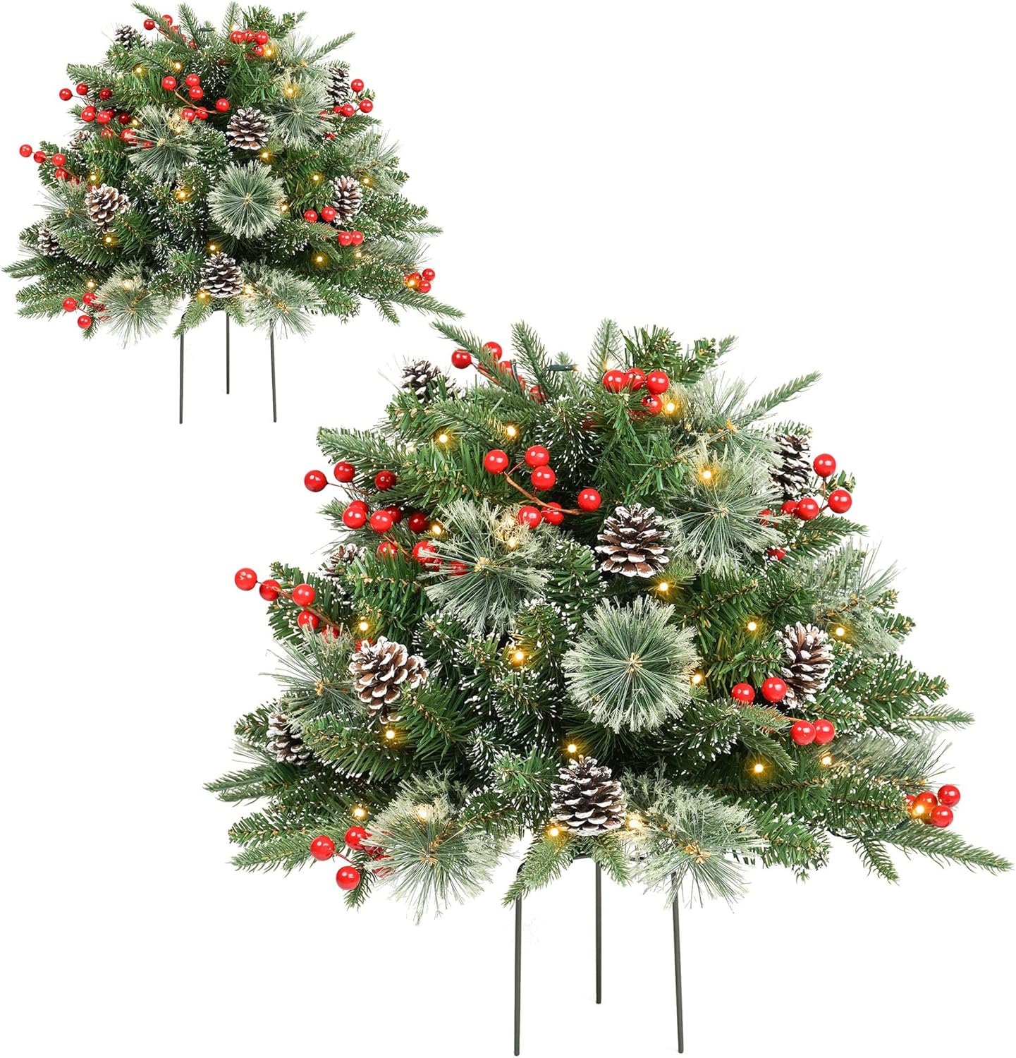 Christmas Planter Filler Tree Outdoor Prelit 2 Pack, 24" Urn Fillers for Porch Planters Pathway Battery Operated Light Red Berry Pine Cone, Xmas Greenery Outside Decorations Snowy White