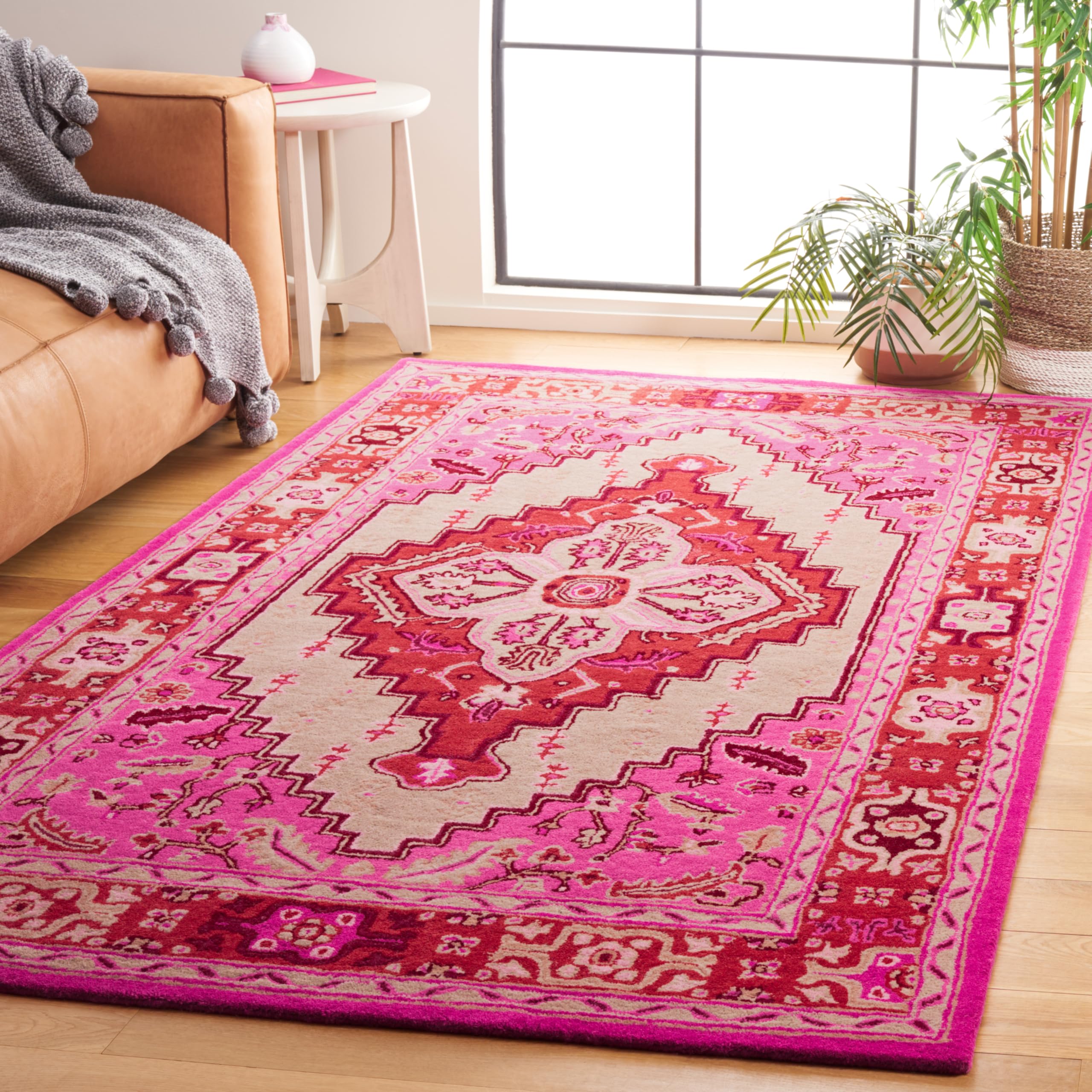 SAFAVIEH Bellagio Collection Area Rug - 5' x 8', Red Pink & Ivory, Handmade Medallion Wool, Ideal for High Traffic Areas in Living Room, Bedroom (