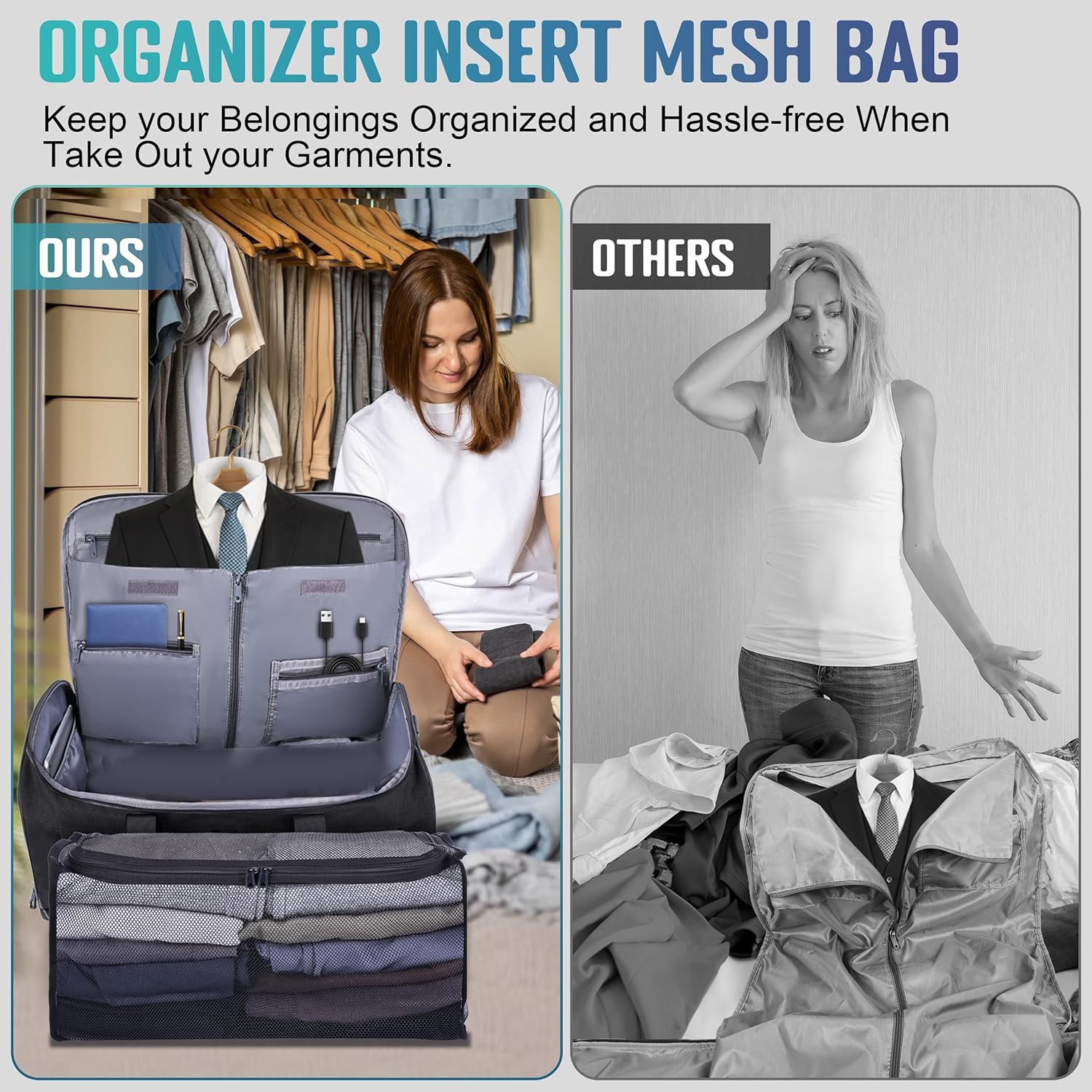 Convertible Garment Duffel Bag with Mesh Storage Bag, Water-Resistance Carry On Garment Bag with Suit Compartment, 2 in 1 Hanging Suit Travel Bag (Black) - Image 2