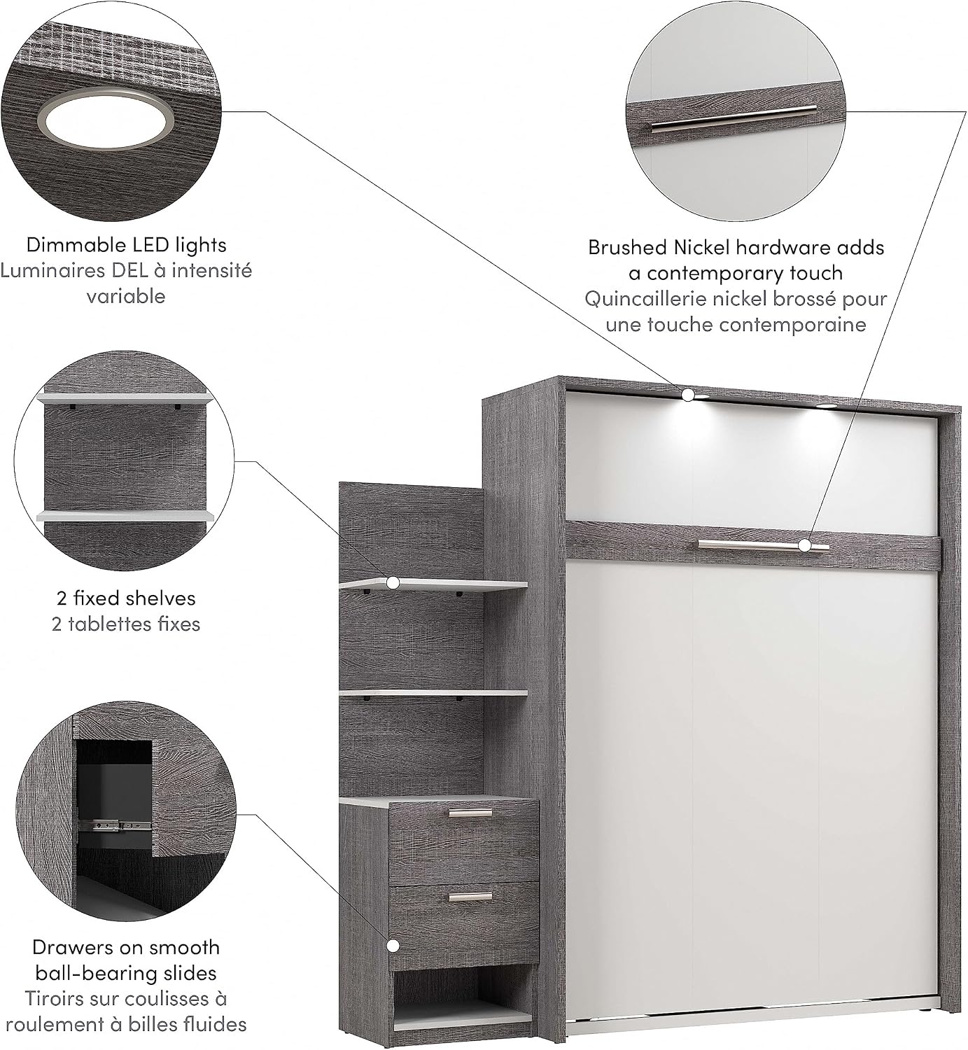 Bestar Cielo Full Murphy Bed with Nightstand and Floating Shelves (79W) in Bark Gray and White, Sleeping Arrangement for Multipurpose Room