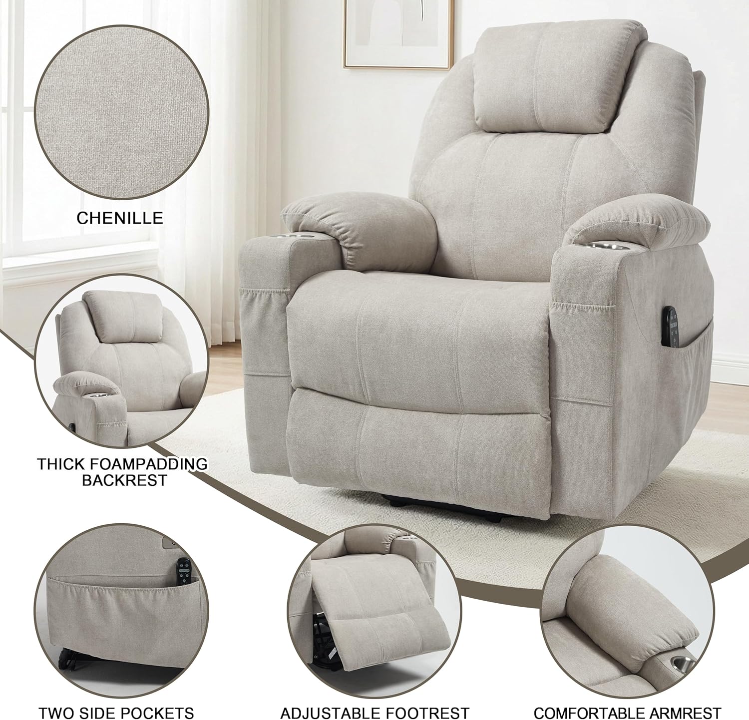 Power Lift Chair with Massage & Heat, Electric Recliner Chairs for Adults, Remote Control, Sofa for Living Room, Standing Assistance, USB Ports, Stainless Steel Cup Holders (Chenille Beige)