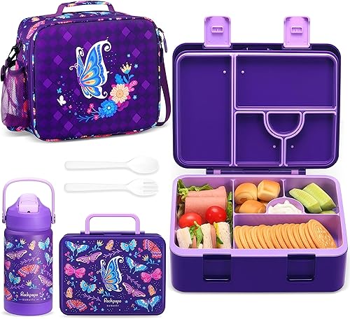 Miniatura 14 de rockpapa Fiambrera Bento de 5 compartimentos para niños con utensilios y botella de agua aislada y bolsa de almuerzo con correa, juego de Dinosaurio