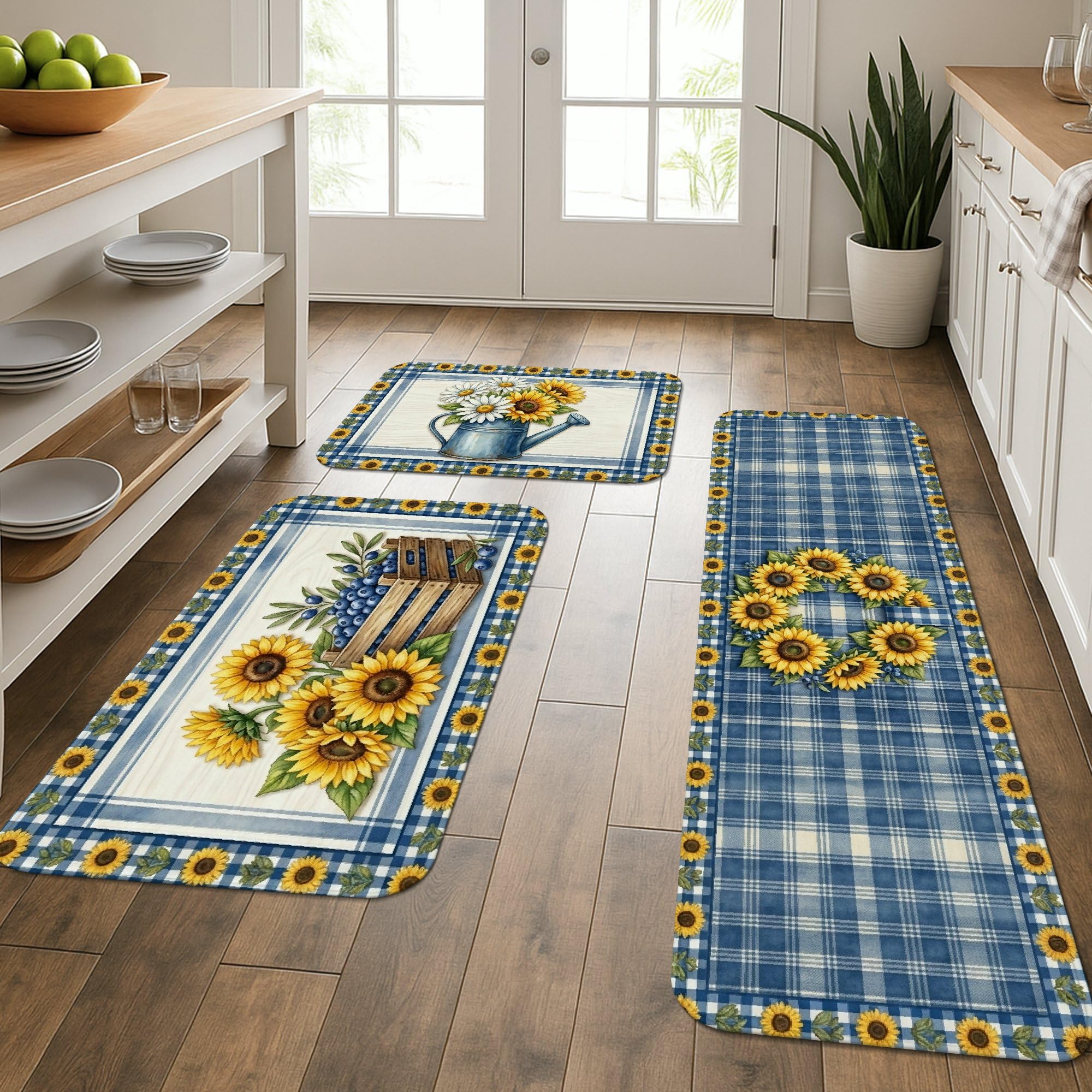 Tapis de cuisine lavable et doux : lot de 3 tapis motif tournesol rustique pour évier
