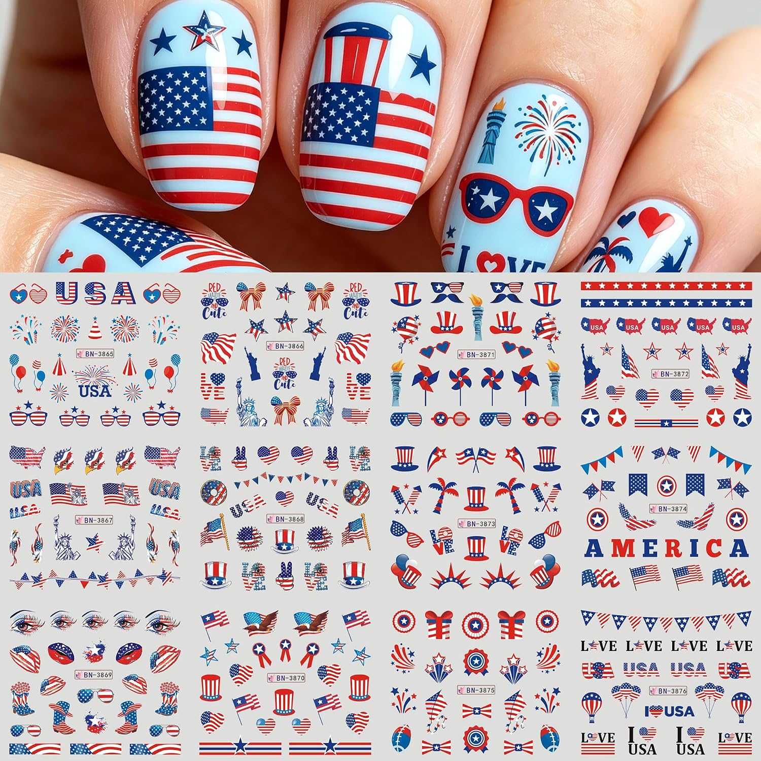 4th of July Water Transfer Nail Stickers, Patriotic Red White Blue Nail Decals with Fireworks Flag Lips Star Designs, Independence Day Summer Nail Art Transfers for Women DIY Manicure Decorations