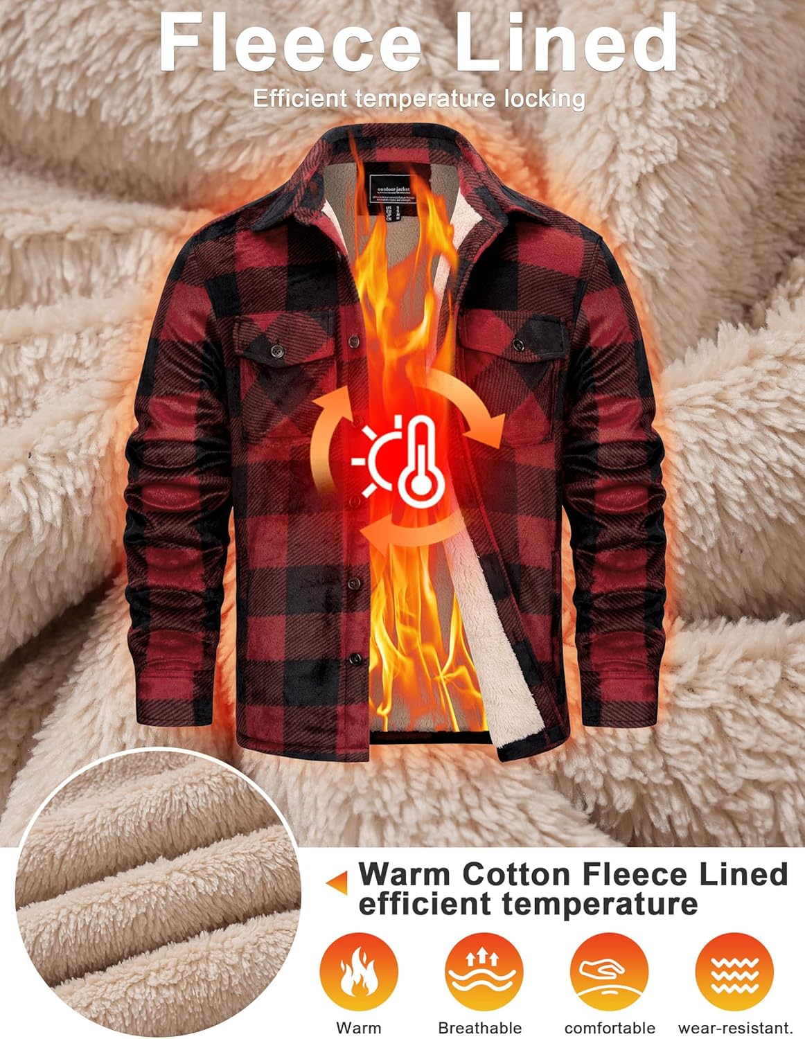 Cotrasen Men's Flannel Shirt Fleece Lined Flannel Jacket Cotton Button Up Plaid Shirt Warm Heavyweight Fall Winter Coat - Image 3