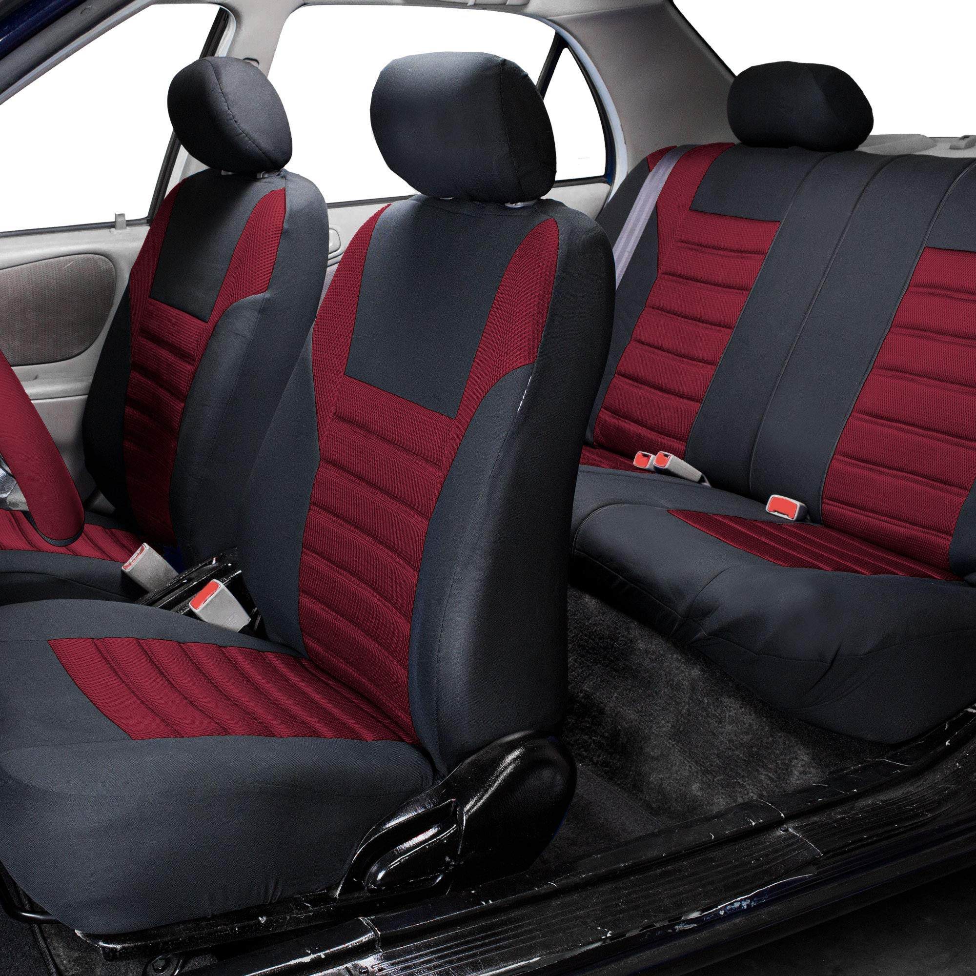 TLH Automotive Seat Covers Premium 3D Air Mesh Burgundy Seat Covers Full Set, Airbag Compatible with Carpet Floor Mats Steering Wheel Cover Combo with Carpet Floor Mats for Cars, Auto, Trucks, SUV