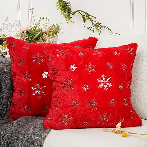 YOUR SMILE Juego de 2 fundas de almohada de Navidad con copos de nieve, decoración de vacaciones, funda de cojín de felpa de terciopelo suave para