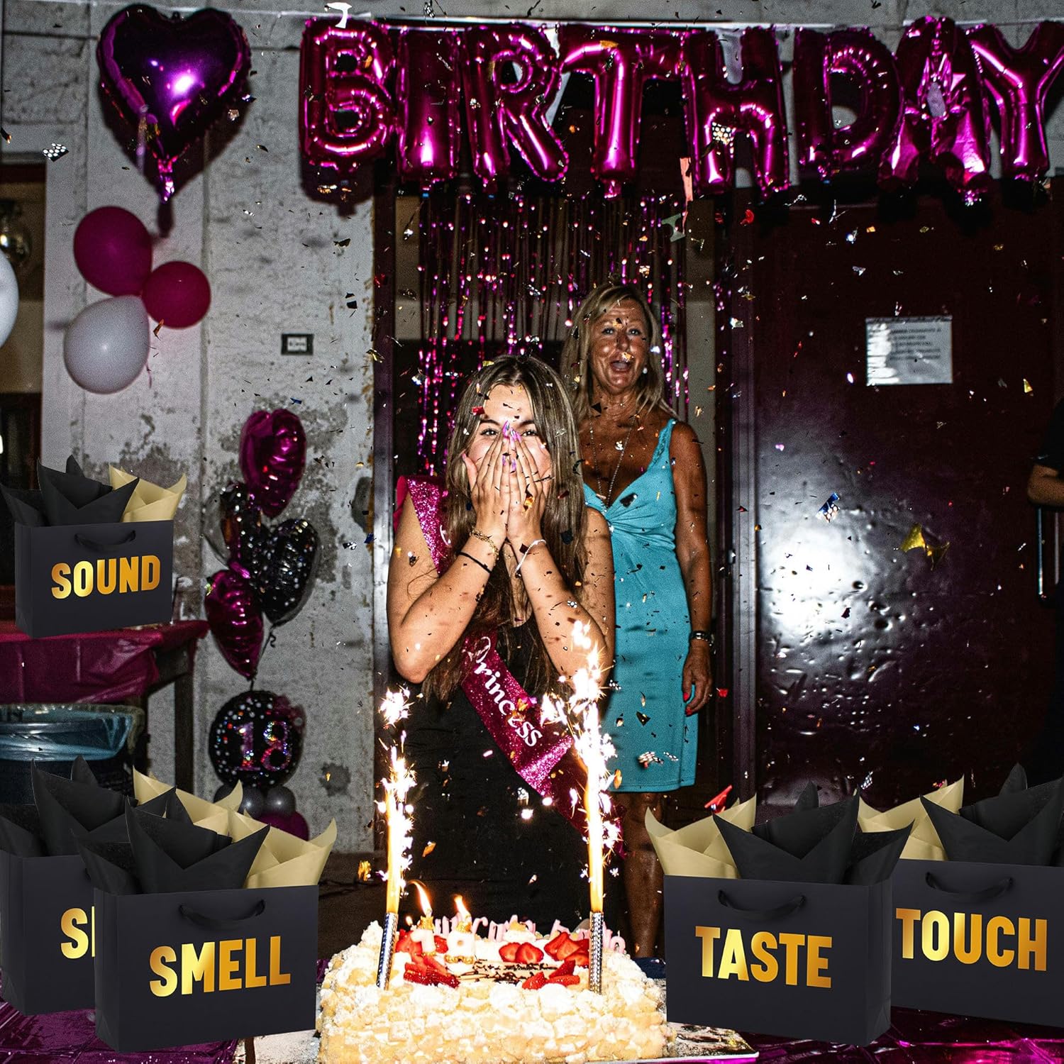 OEMVALATY 5 Senses Gift Bags for Him Her Five Senses Gift Bags with Ribbon Handles and Tissue Paper Present Wrappings for Valentine Wedding Anniversary Birthday Christmas(Black, 12.6''x8.8''x4'') - Image 7