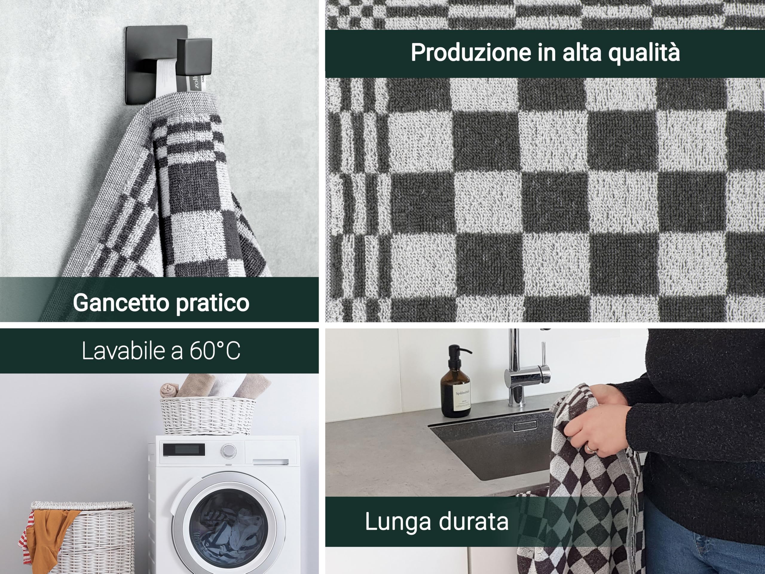 ZOLLNER 4 strofinacci in cotone 50x50 cm - canovacci assorbenti e resistenti - lavabili a 60°C - a quadretti grigi e bianchi - qualità gastronomica - certificato OEKO TEX (R)