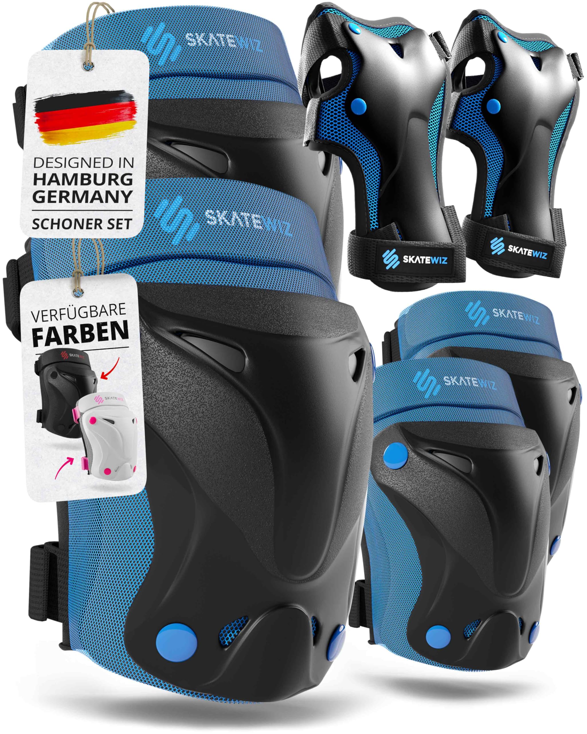SKATEWIZ Knieschoner Kinder - Schoner Inliner Kinder - Knieschützer - Schützer Inliner Schoner Set - Protektoren Knie und Ellenbogenschützer - Protect-1 Blue Größe S - Skateboard