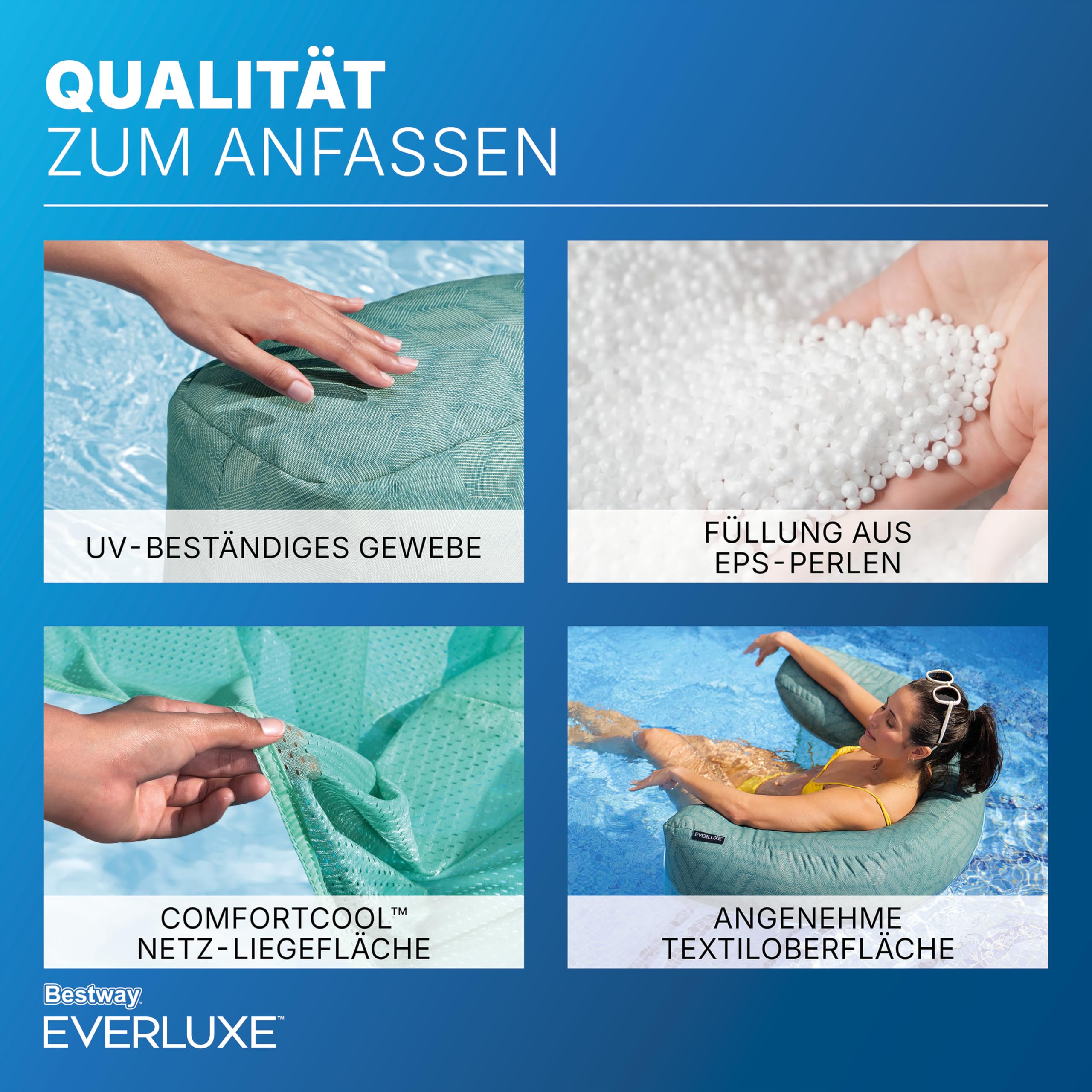 Bestway Everluxe Poolsitz 92x66x20 cm mit Textiloberfläche, EPS-Perlen-Füllung, ComfortCool Netz-Liegefläche, schnell trocknend, UV-beständig, bis 100 kg