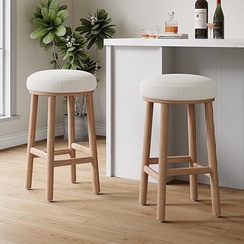 Christopher Knight Home Aubrie - Juego de 2 taburetes de bar redondos de tela Boucle para isla de cocina, silla de comedor de madera sin espalda,