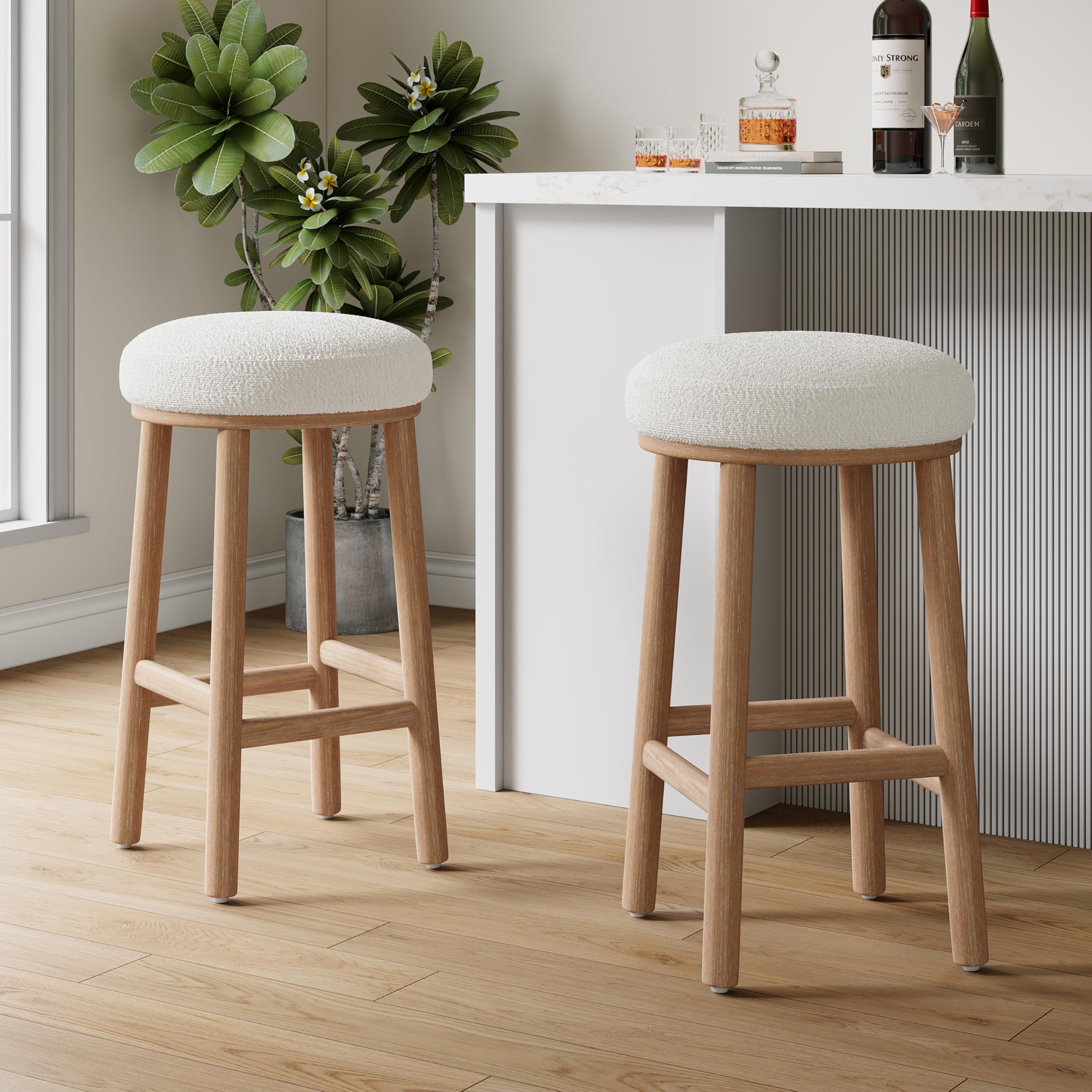 Christopher Knight Home Aubrie Counter Height Bar Stools Set of 2, Boucle Fabric Round Bar Stool for Kitchen Island, Wooden Backless Dining Room Chair