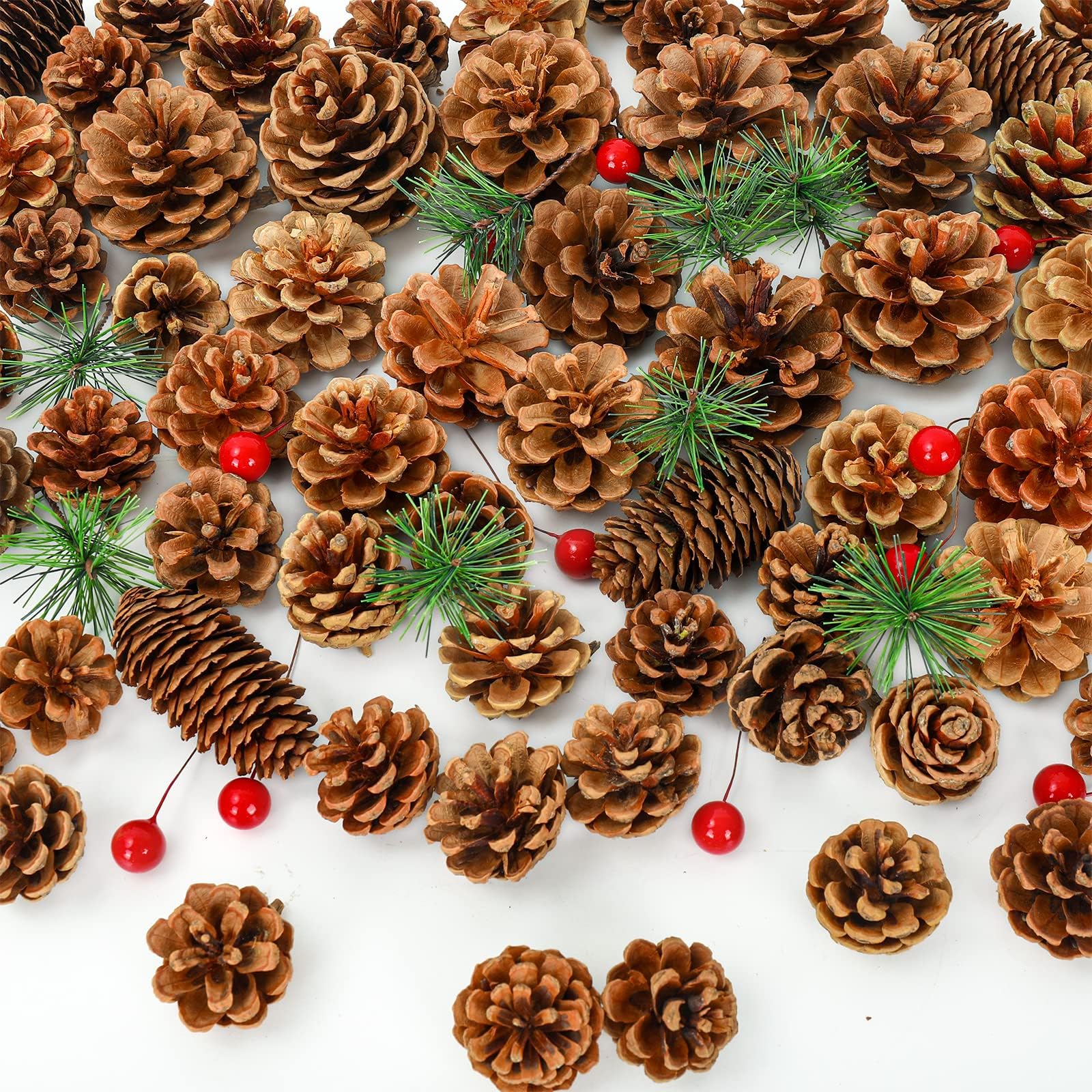 AnyDesign 170Pcs Christmas Pine Cones Berry Pine Branch Set Assorted Sizes Pinecones Berry Branch Pine Needle Picks Xmas Holiday Ornaments for Christmas Winter DIY Garland Crafts Home Farmhouse Decor